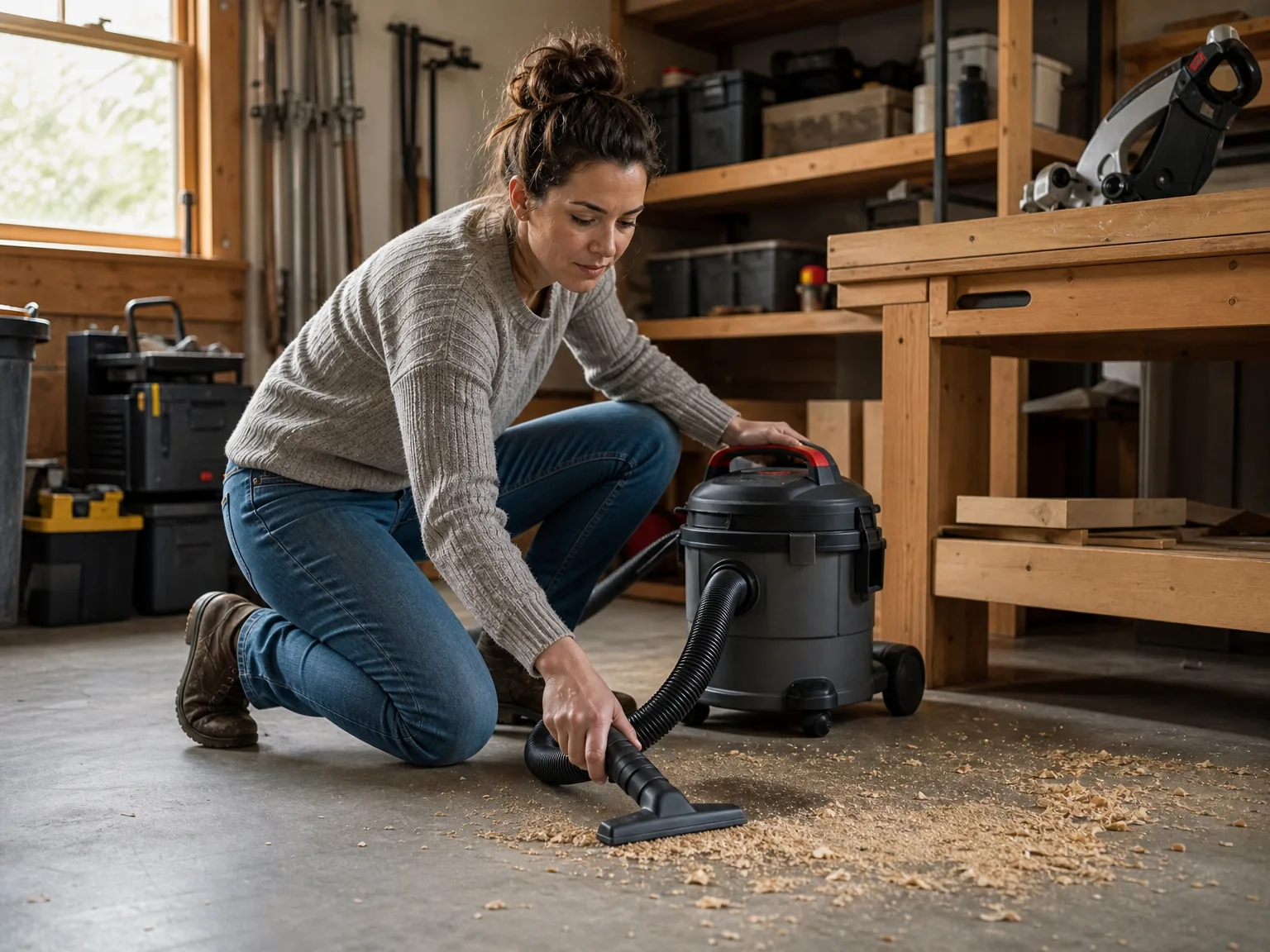 A woman in her early thirties using the DXV04T shop vac in a home garage workshop
