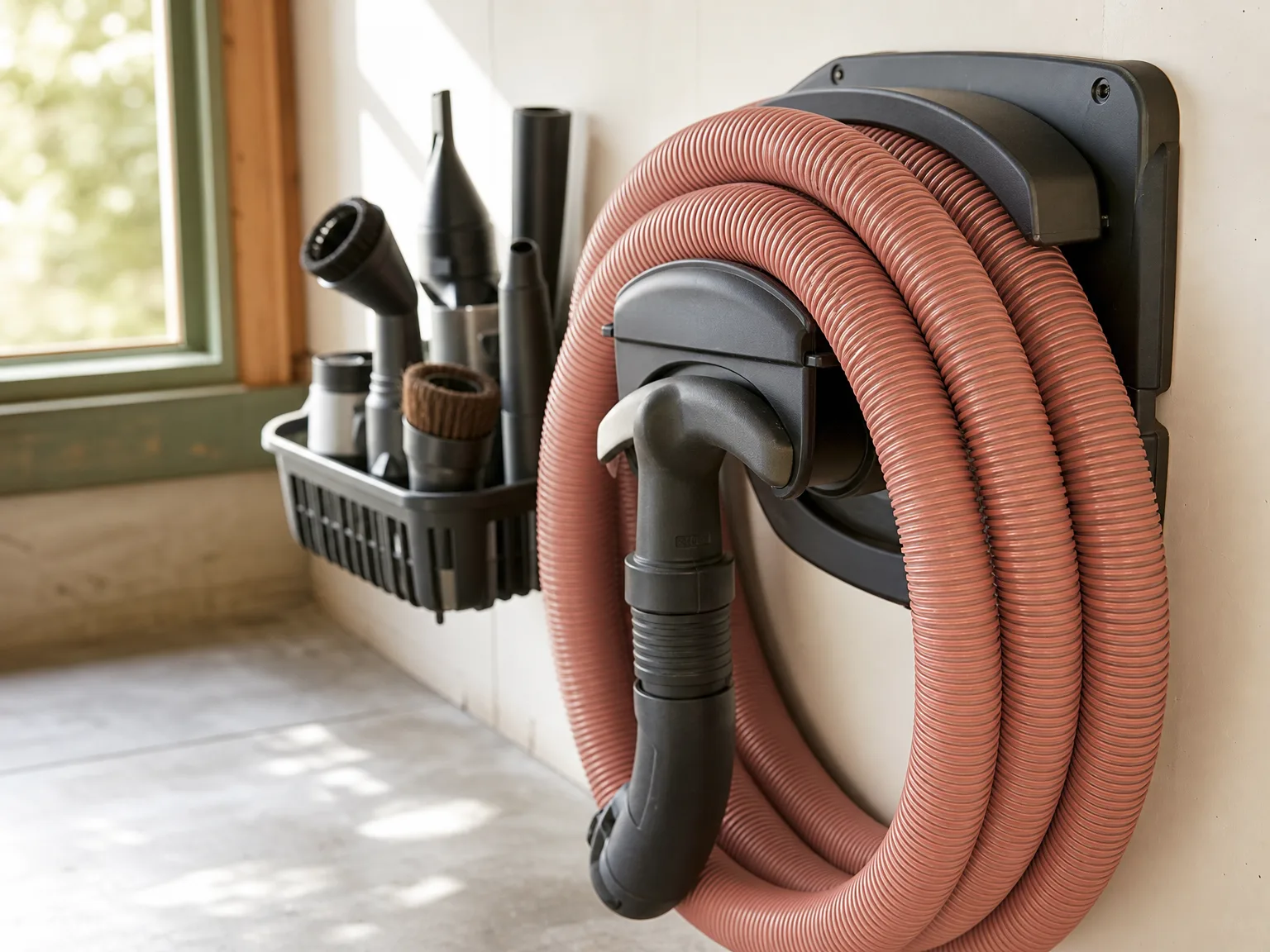 Close-up of a flexible shop-vac hose coiled on a wall-mounted garage vacuum dock with accessory basket nearby, warm window light