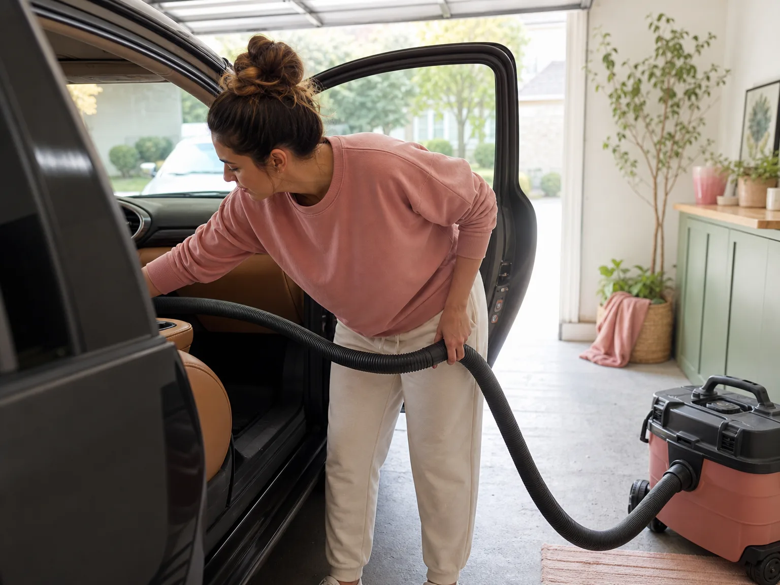 A woman in her early thirties detailing a car interior with a wall-mounted garage vacuum hose in a sunlit home garage