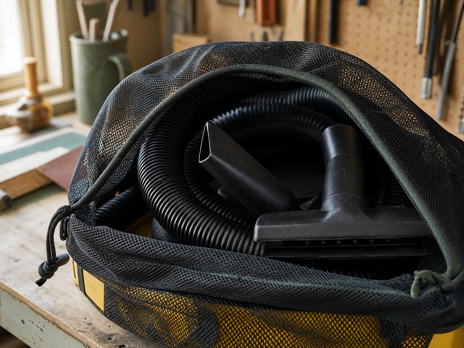 Close-up of the DEWALT DXV06P hose and mesh storage bag showing the lack of built-in attachment storage