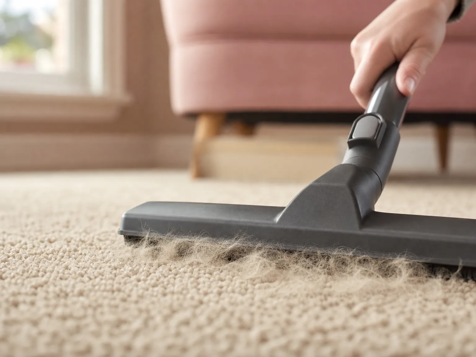 Close-up of the DEWALT DXV06P floor nozzle lifting pet hair from a beige carpet