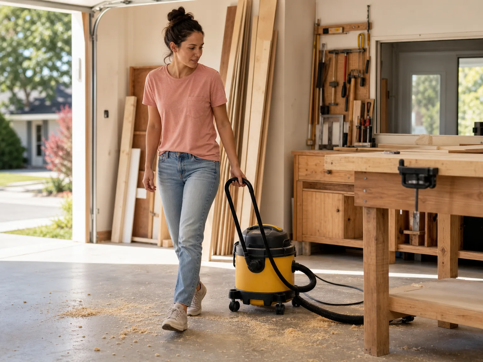 A woman using the DEWALT DXV06P shop vac to clean sawdust from a garage workbench area