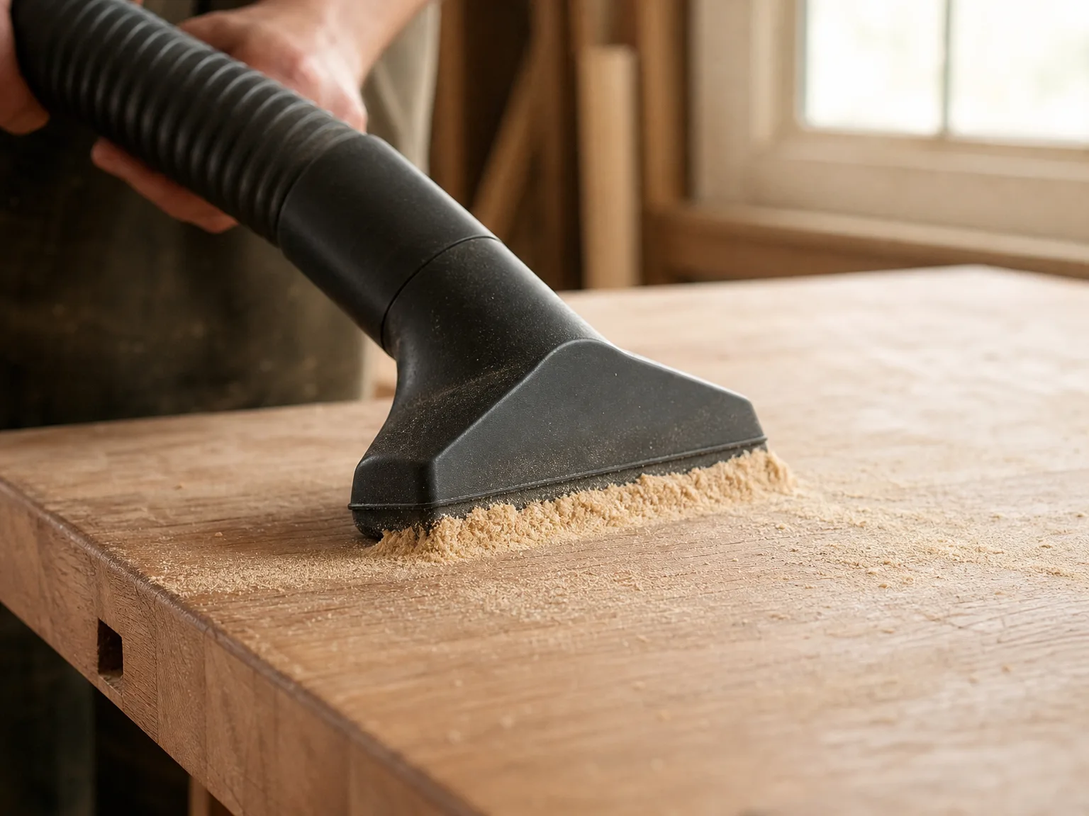Close-up of a shop vacuum hose lifting fine sawdust from a wooden workbench surface in warm window light