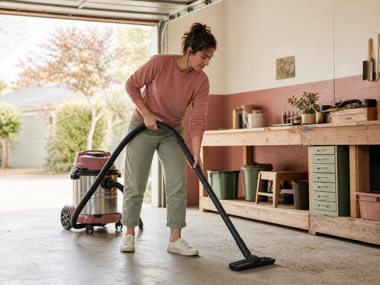 Woman in casual clothes vacuuming sawdust from a garage workbench floor with a large wet-dry shop vacuum in daylight