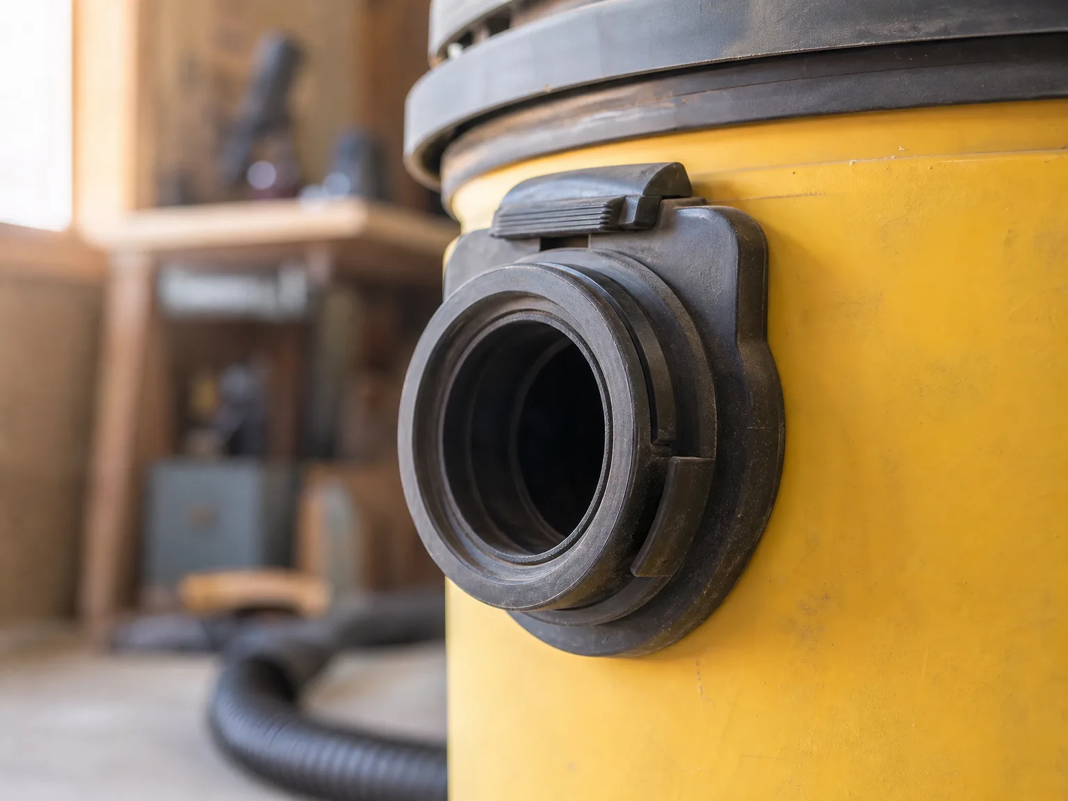 Close-up of the DEWALT DXV16PA hose connection port showing the tight-seal design that prevents air leaks