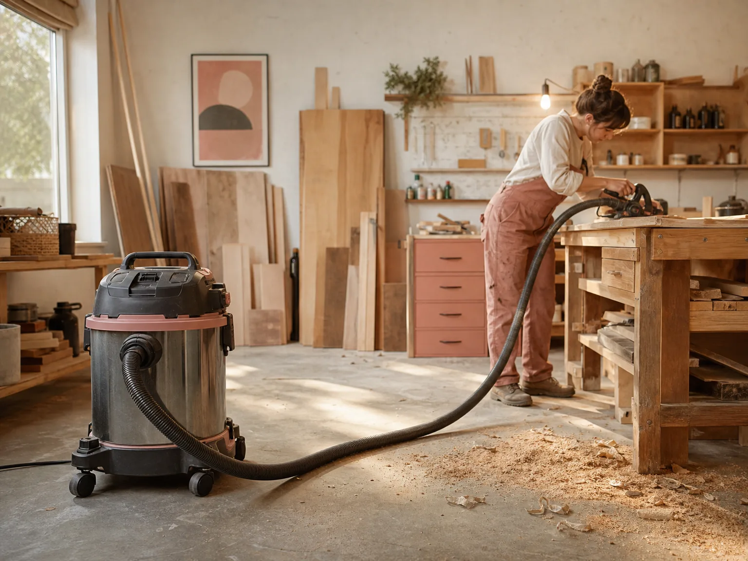 A workshop space with the DEWALT DXV16PA on a garage floor, hose stretched across the floor toward a pile of sawdust near a workbench
