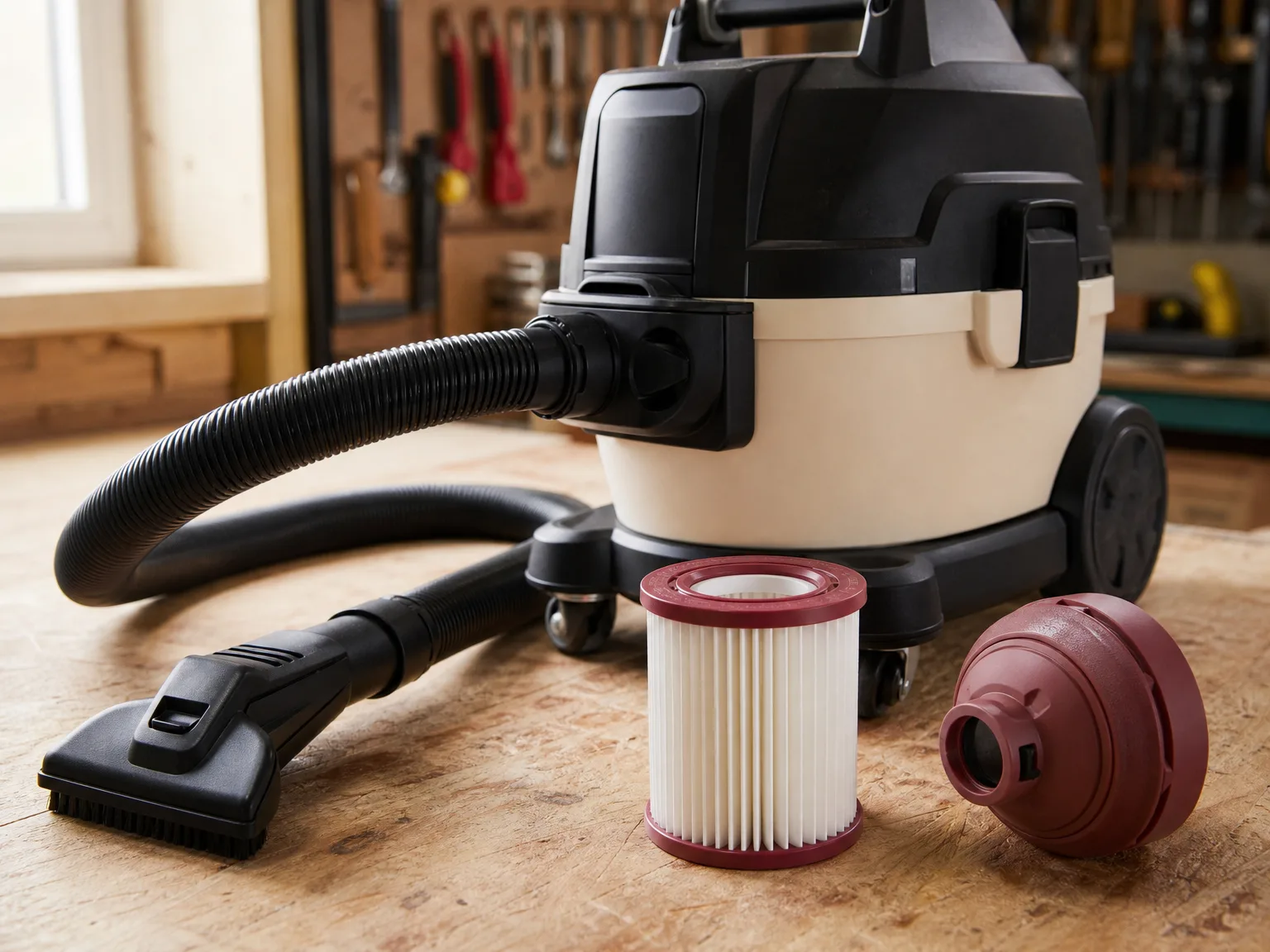 Close-up of the DEWALT STEALTHSONIC hose attachment, Clean Connect cartridge filter, and compact tank design on a garage floor