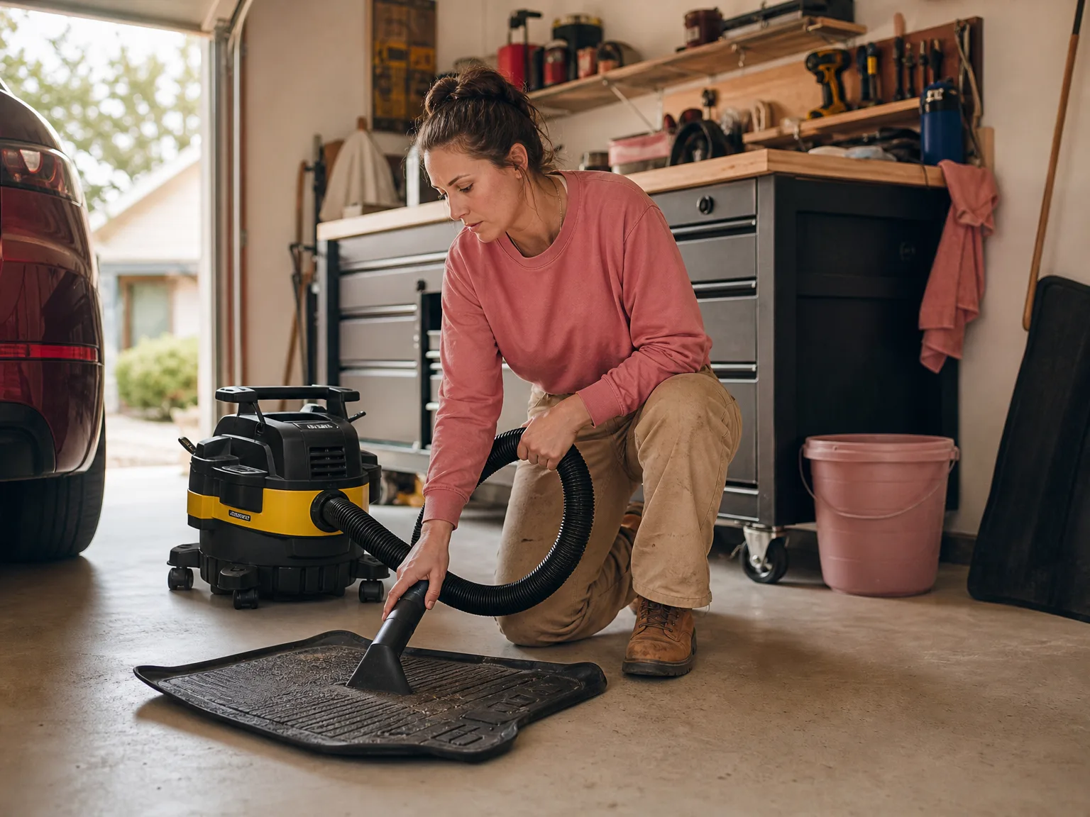 A person in casual workwear using the DEWALT STEALTHSONIC shop vac to clean a car floor mat in a garage, warm natural light, lived-in workshop setting