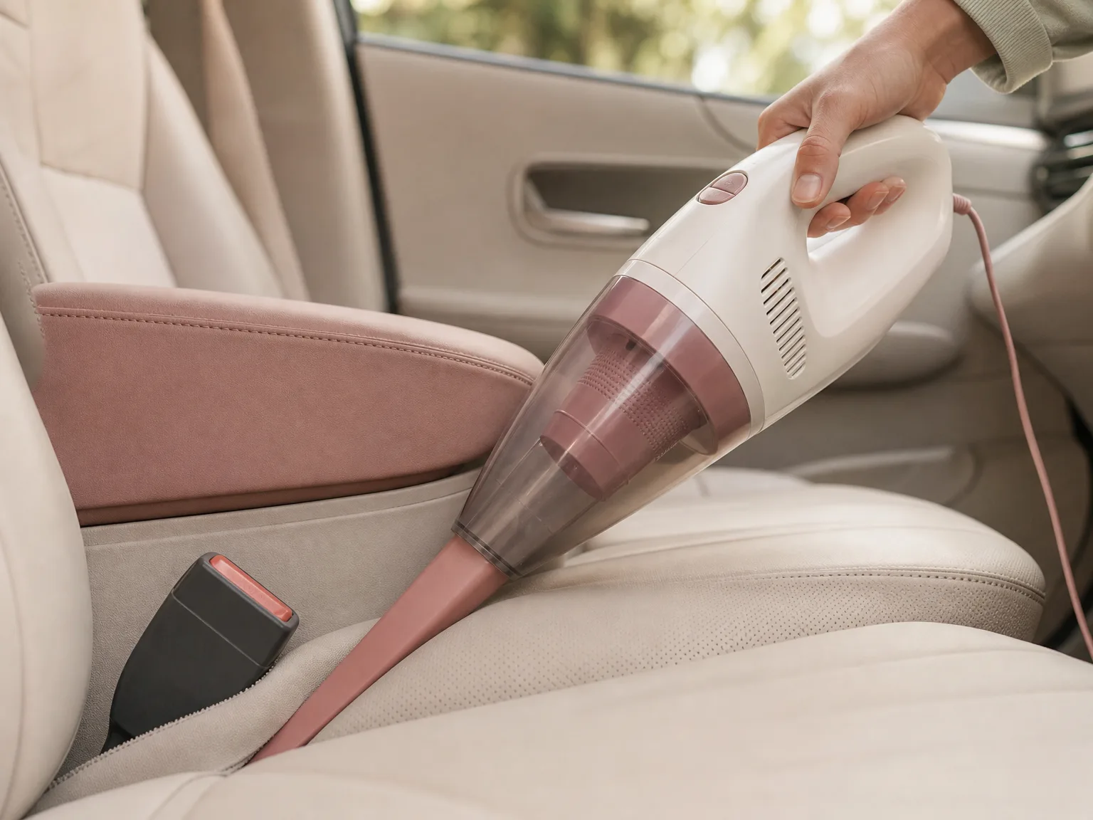 Close-up of a corded handheld vacuum with a flip-out crevice nozzle extended toward a car seat gap in warm window light