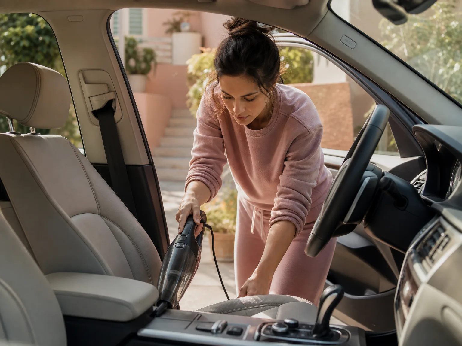 A woman in her early thirties using a corded handheld vacuum along a car seat gap and center console in a sunlit driveway
