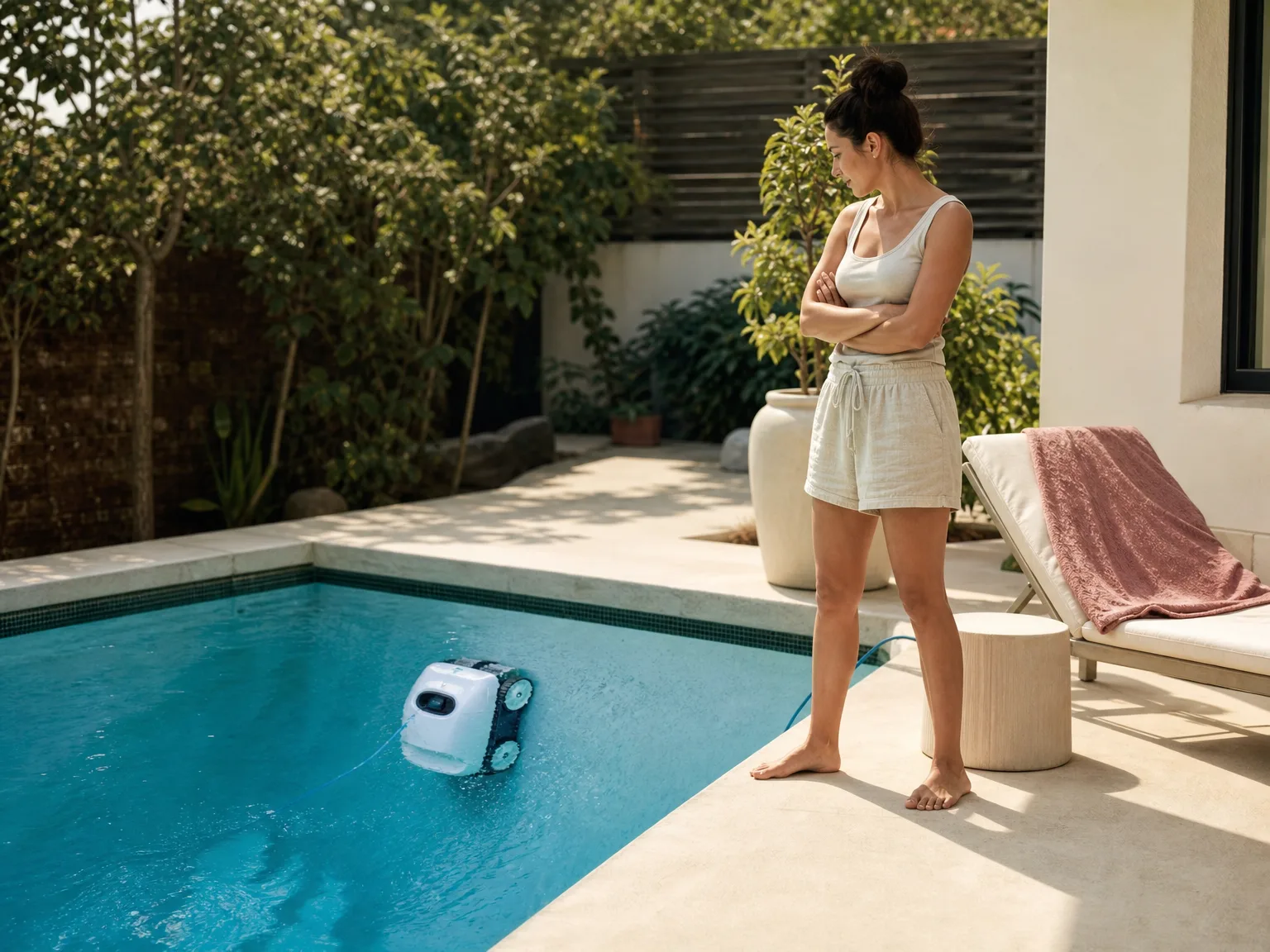 A woman in her thirties watching a robotic pool cleaner climb a plaster wall in a sunlit backyard in-ground pool