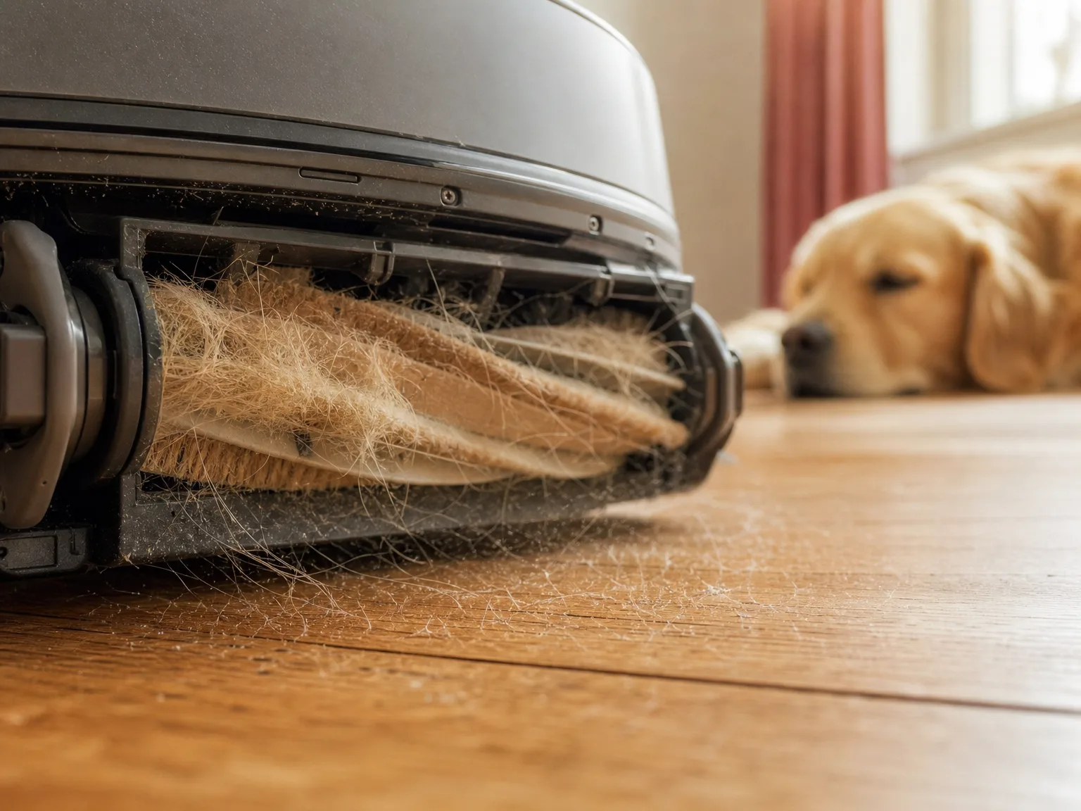 Close-up of a robot vacuum brush roller lifting visible pet hair and dust from a hardwood floor