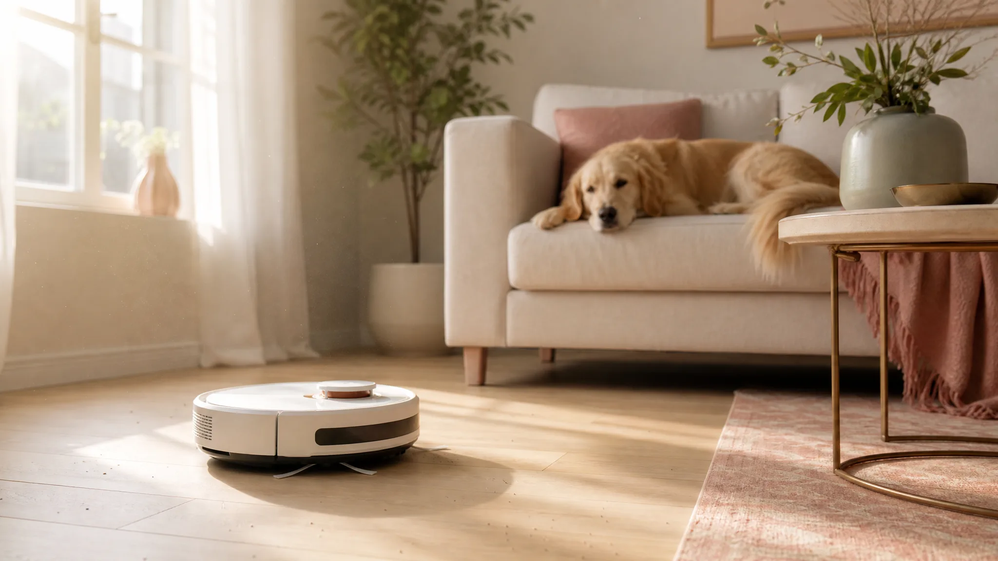 A robot vacuum cleaning a sunlit living room floor with a golden retriever resting on a cream sofa in the background
