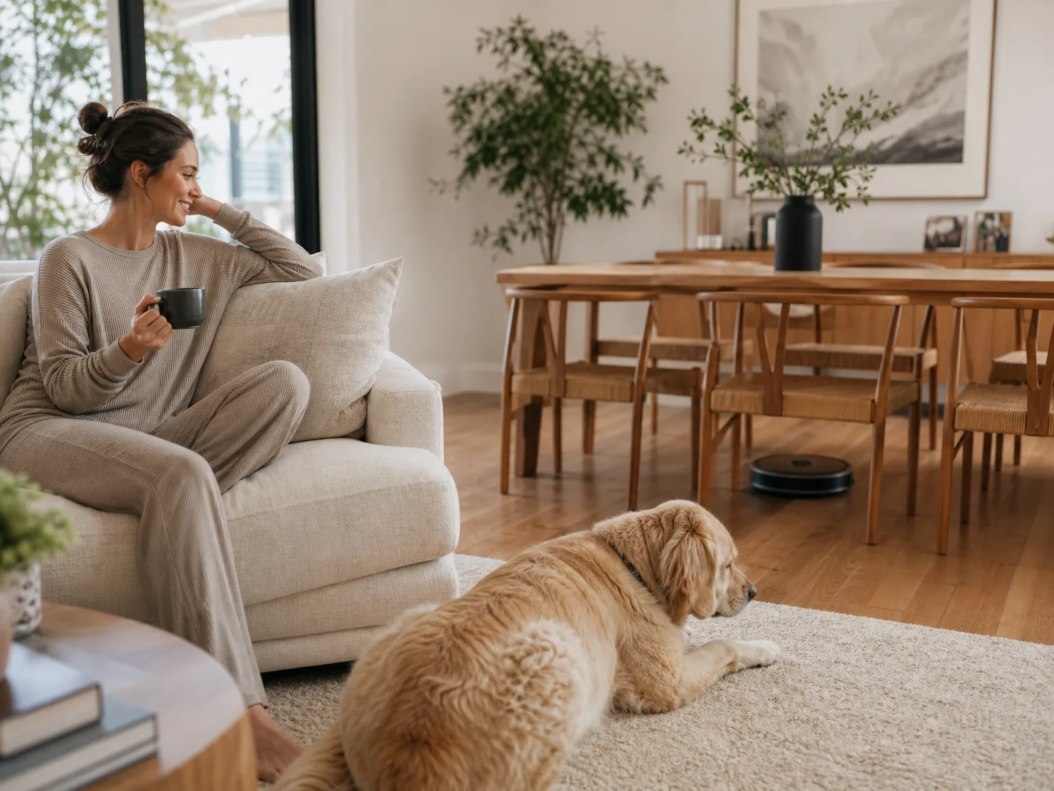 A woman watching a robot vacuum navigate around a dining table as a golden retriever lies nearby on a cream rug