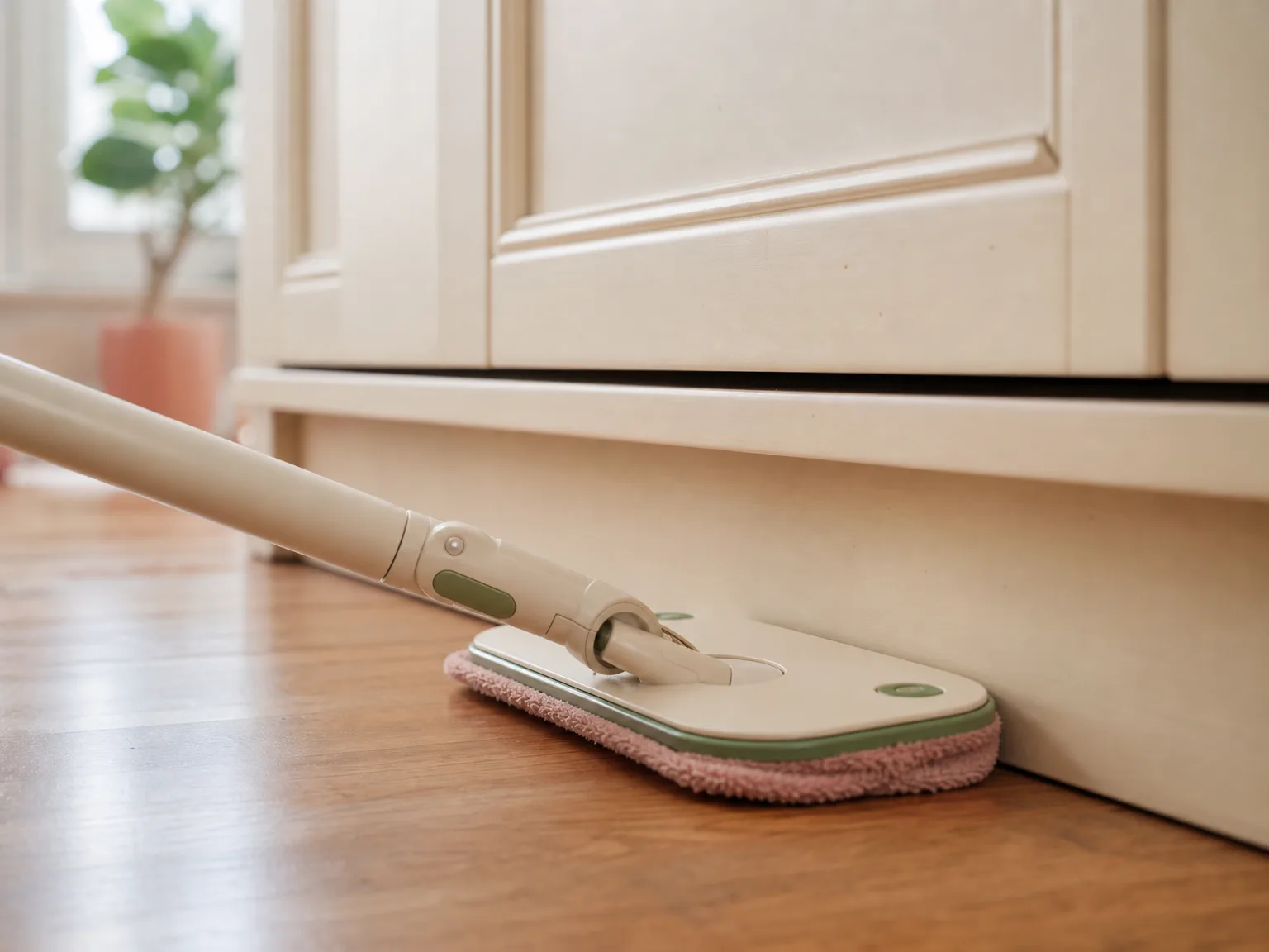 Close-up of an extendable robot mop pad reaching along a warm cream kitchen baseboard edge in soft window light