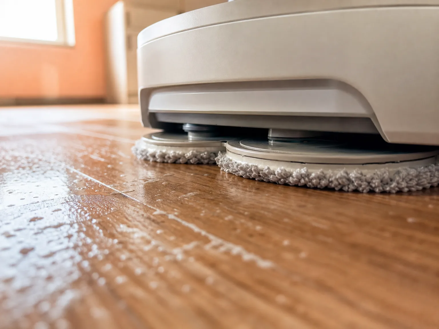 Close-up of dual spinning mop pads scrubbing a sealed hardwood floor with warm window light