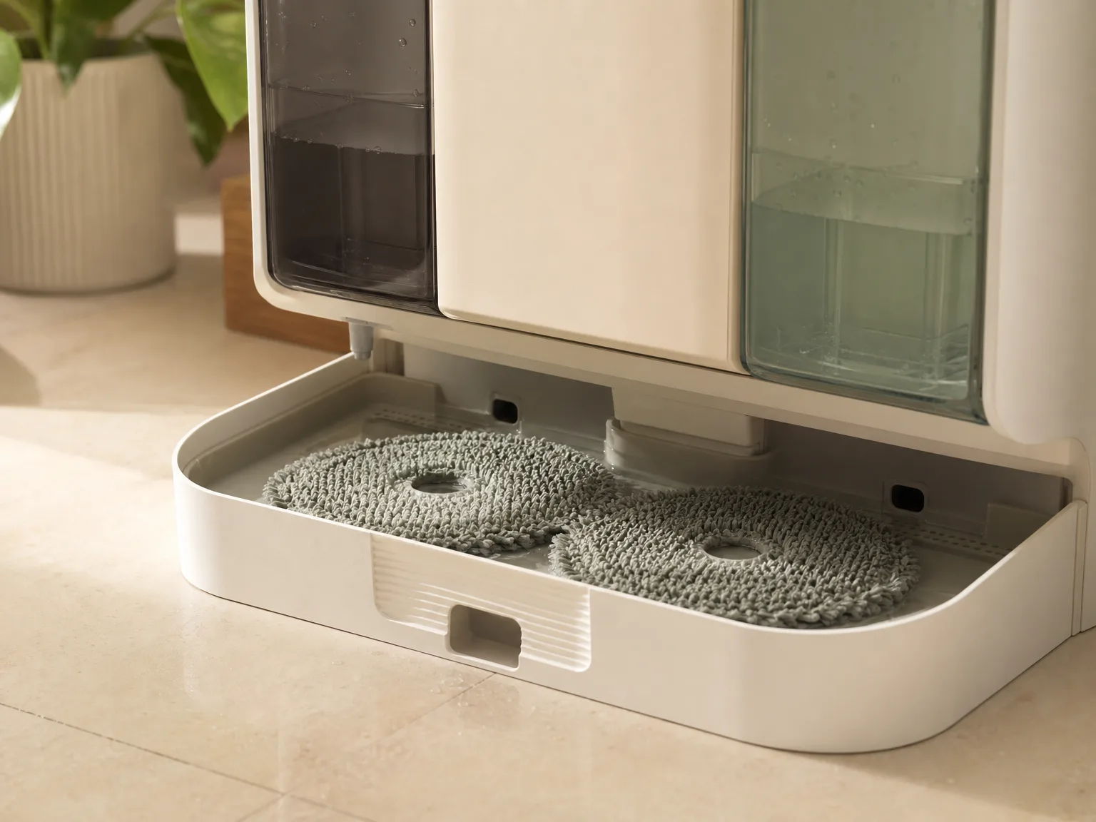 Close-up of a robot vacuum dock mop wash tray and drain area on a cream tile floor