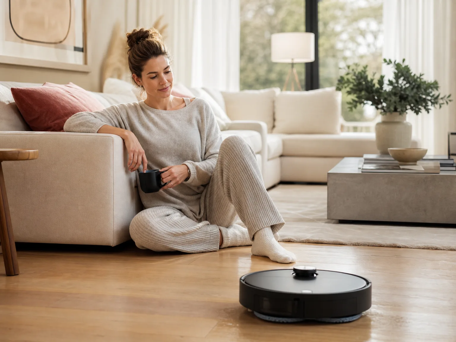 Robot vacuum mopping sealed hardwood near a cream sofa in a sunlit living room
