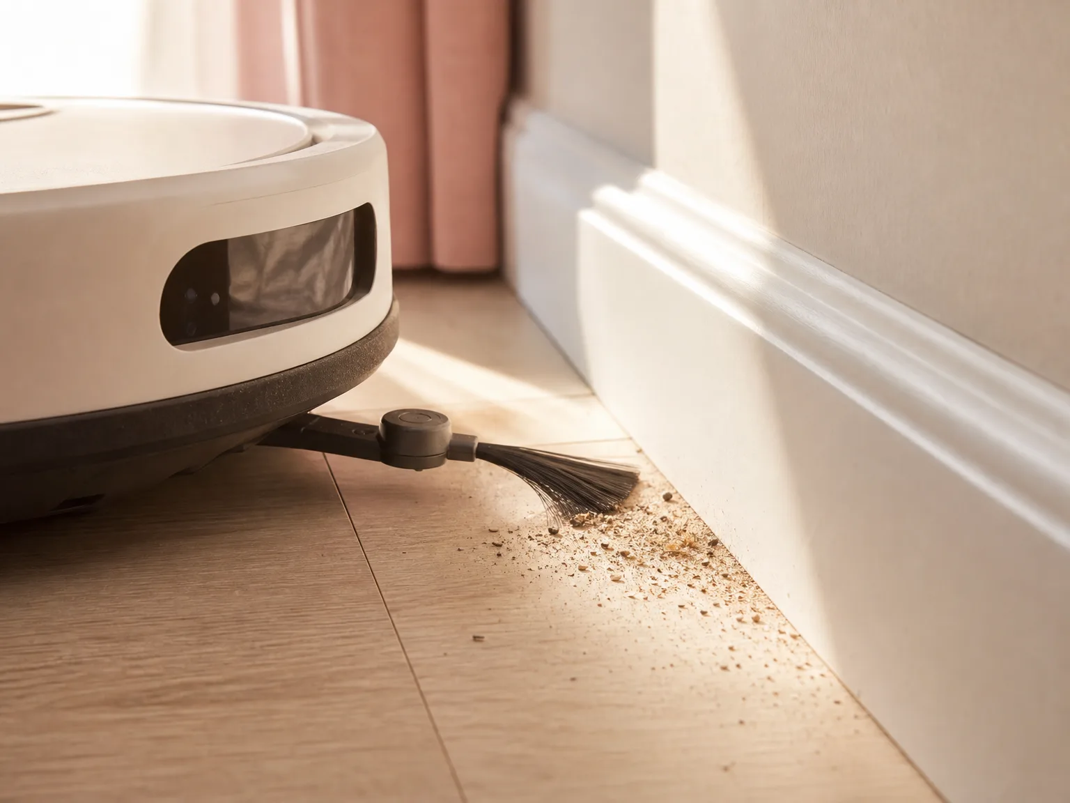 Close-up of a robot vacuum's extendable side brush sweeping debris from a corner where hardwood floor meets white baseboard
