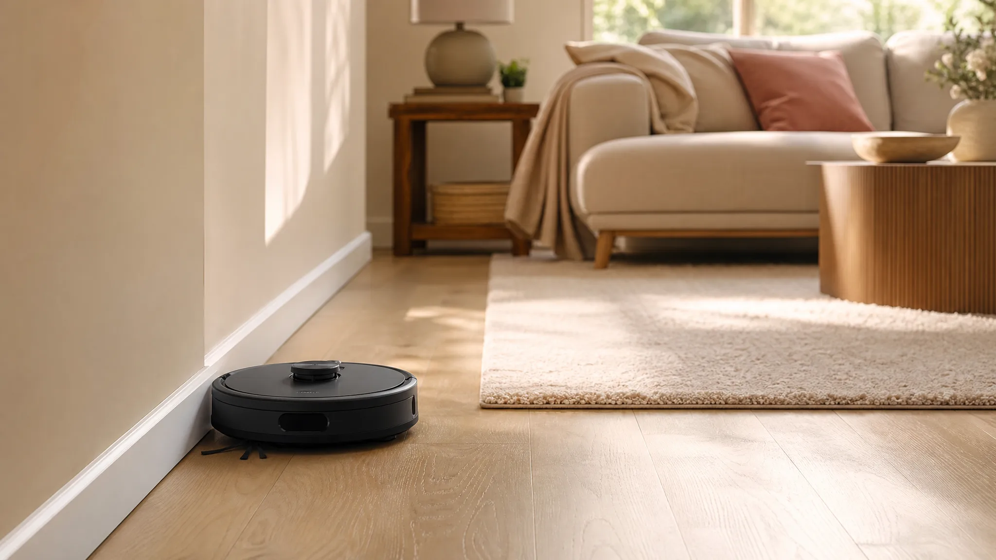 Dreame L40 Ultra Gen 2 robot vacuum docked in a bright modern living room with warm wood floors, cream area rug, and soft morning light