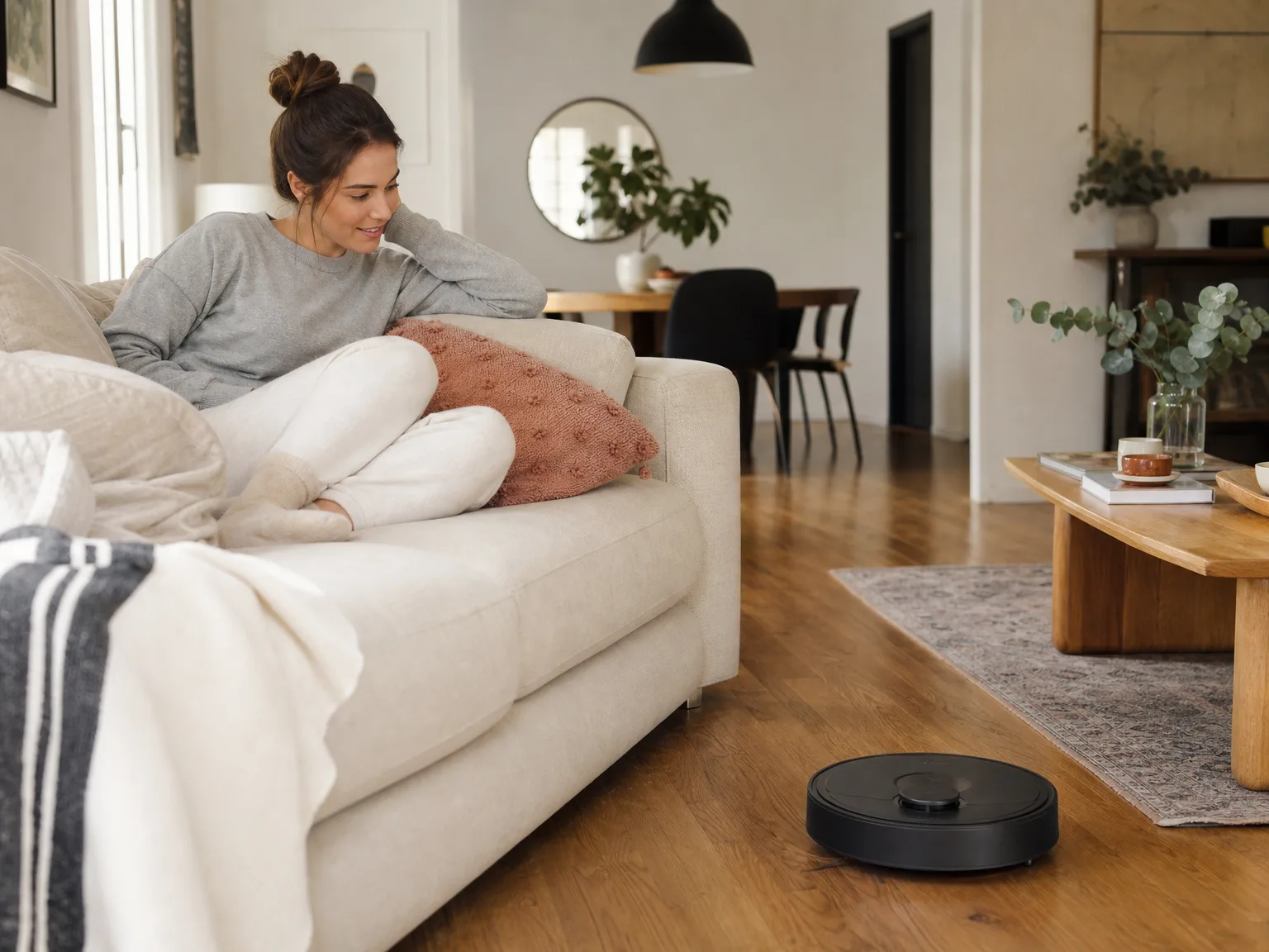 A woman in her early thirties sitting on a cream sofa watching a robot vacuum clean the hardwood floor in a bright, lived-in living room