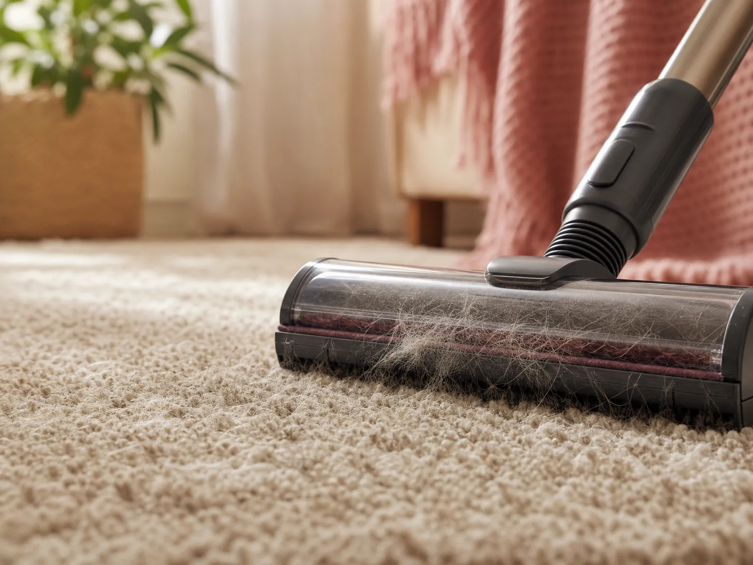 Close-up of a vacuum brush head lifting visible pet hair from a thick beige carpet in warm window light