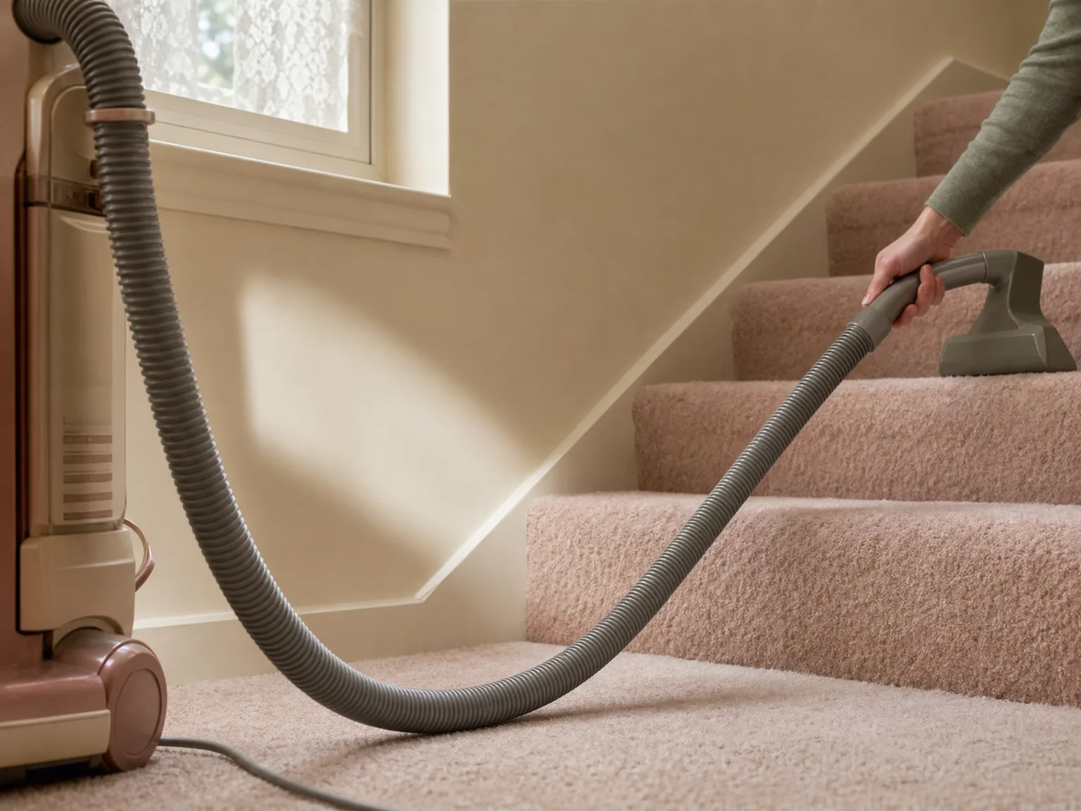 Close-up of a heavy corded upright vacuum hose stretched toward carpeted stairs, showing pull and tip risk