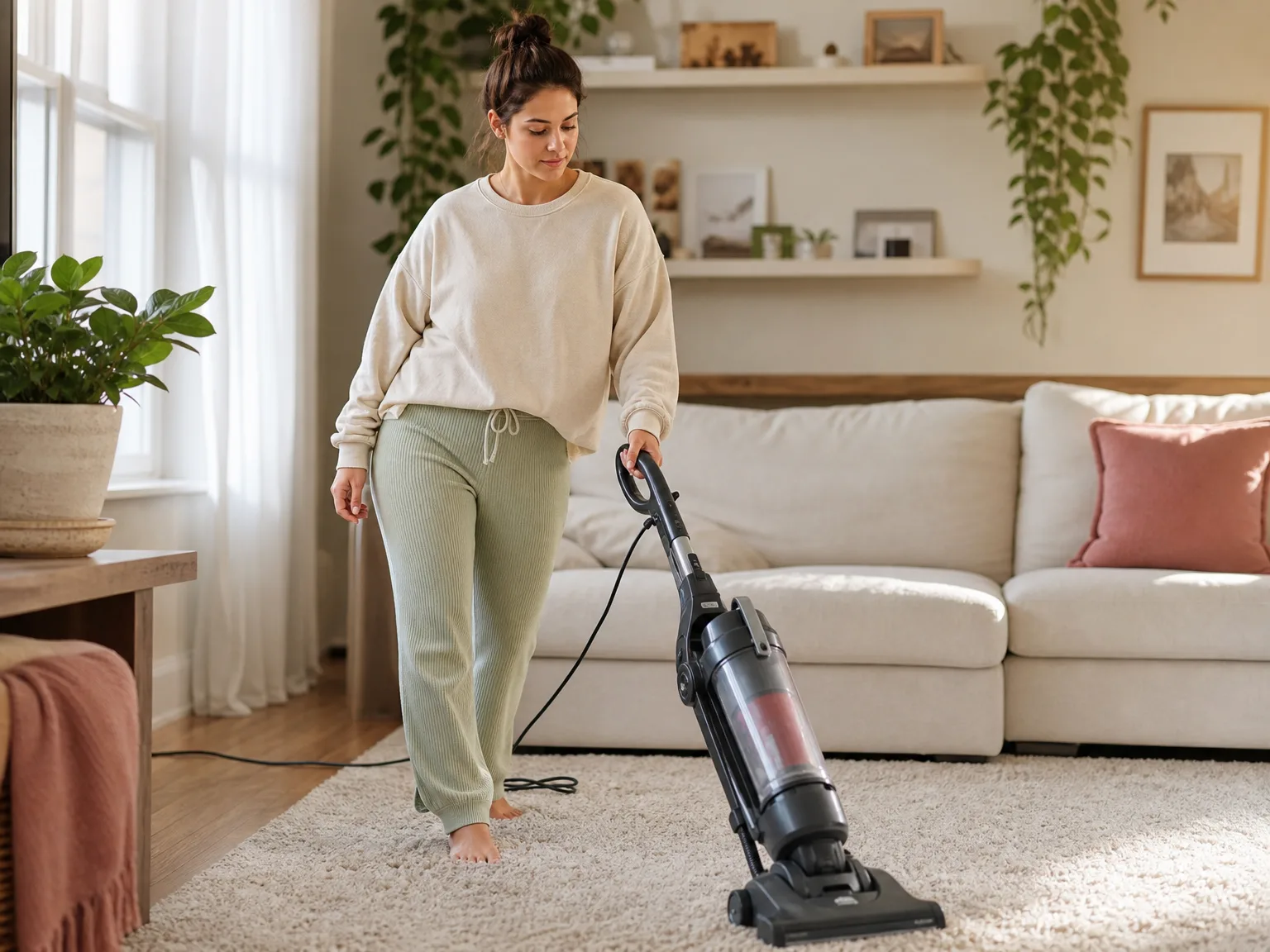 Woman in her thirties guiding a corded upright vacuum across a sunlit living room carpet with a cream sofa behind her