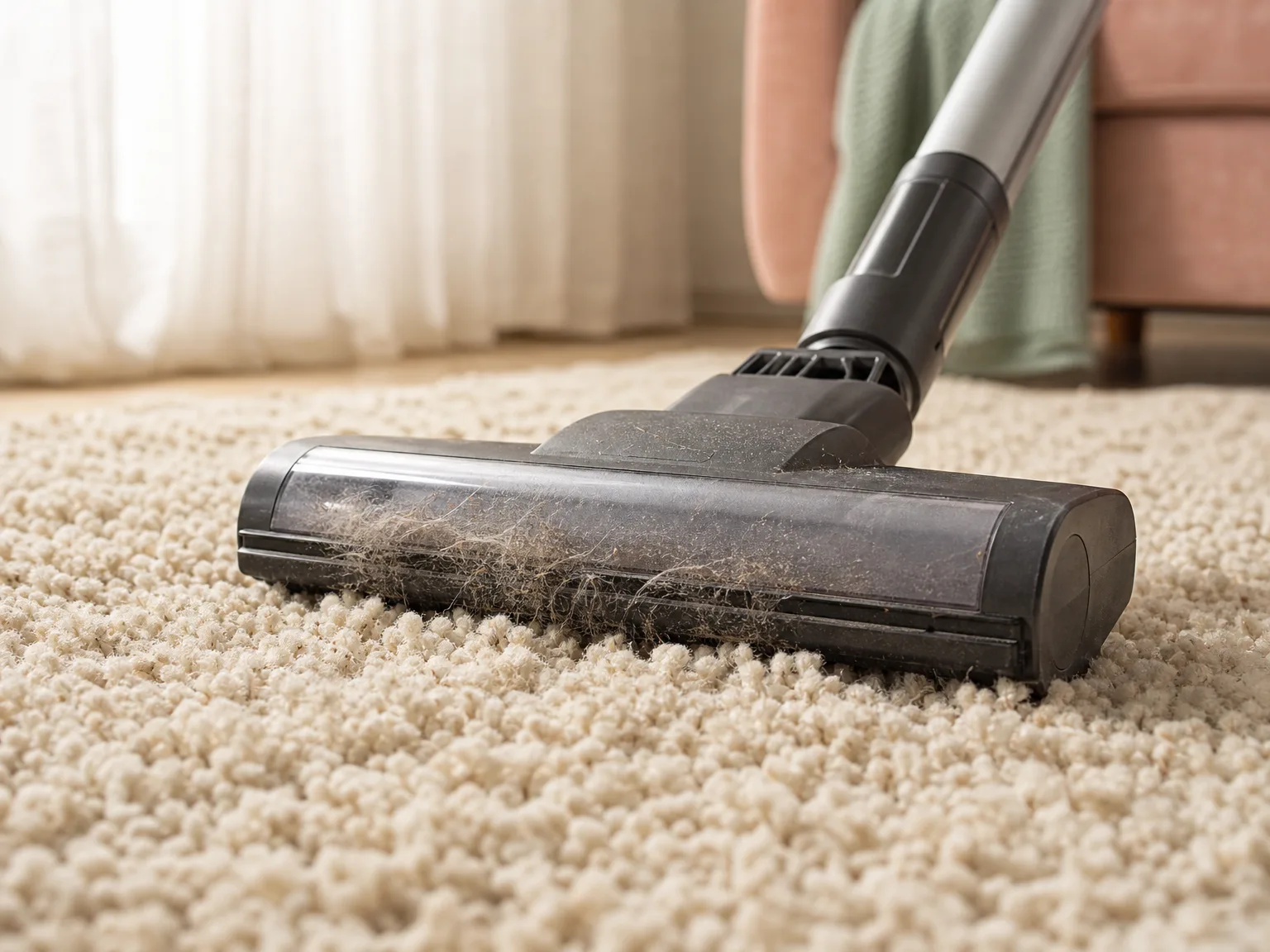 Close-up of a de-tangling vacuum brush head lifting pet hair from a thick beige carpet