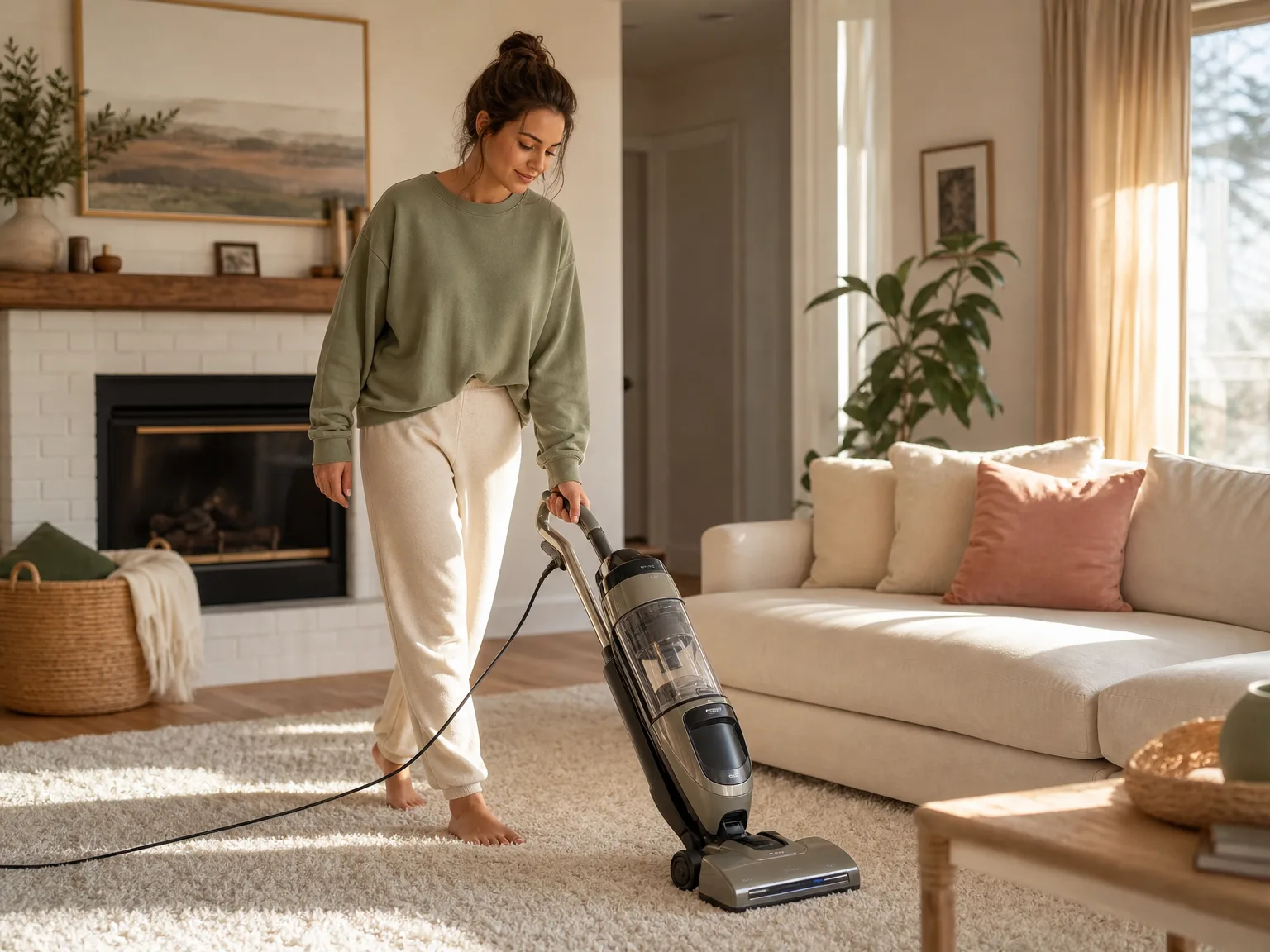 Woman guiding a corded upright vacuum across a sunlit thick living room carpet