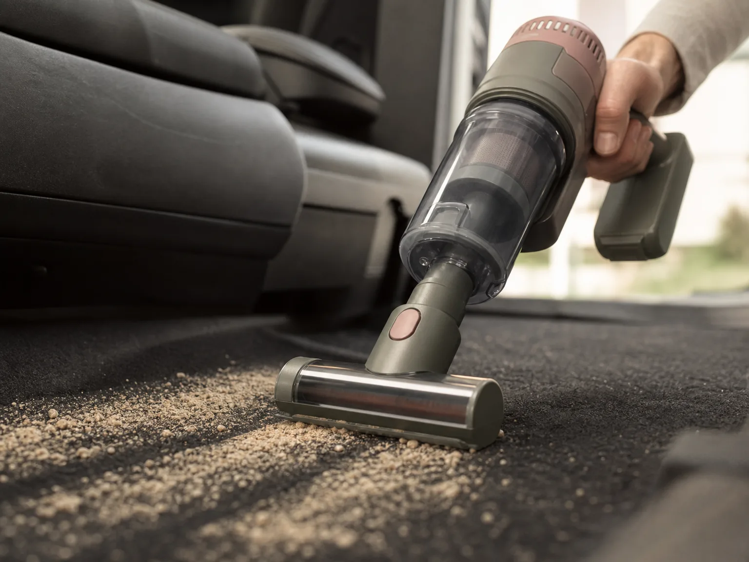 Close-up of a cordless handheld vacuum nozzle and mini motorized brush clearing grit from dark car floor carpet, soft garage window light