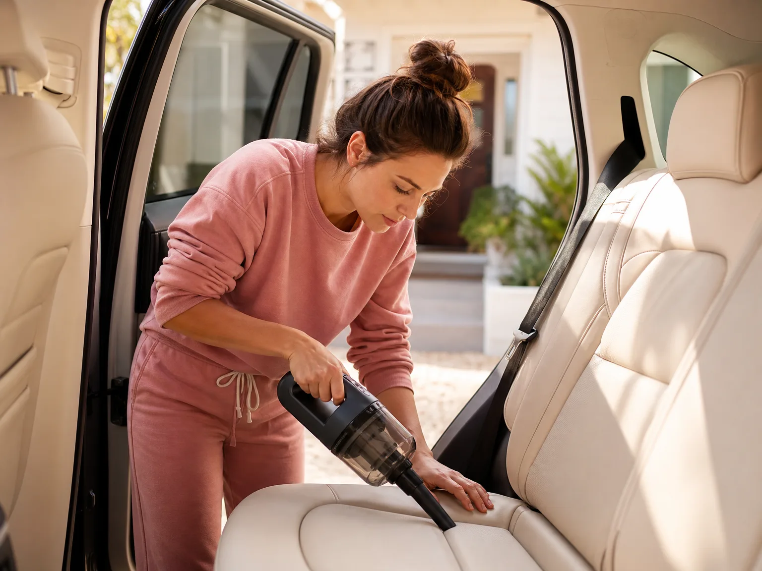 Woman in her thirties cleaning car seat seams with a cordless handheld vacuum in a sunlit driveway, warm cream and dusty rose palette