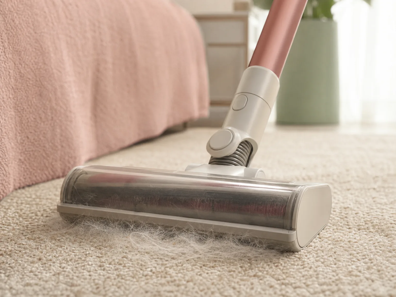 Close-up of a cordless stick vacuum brush head lifting pet hair from a beige low-pile rug in warm window light