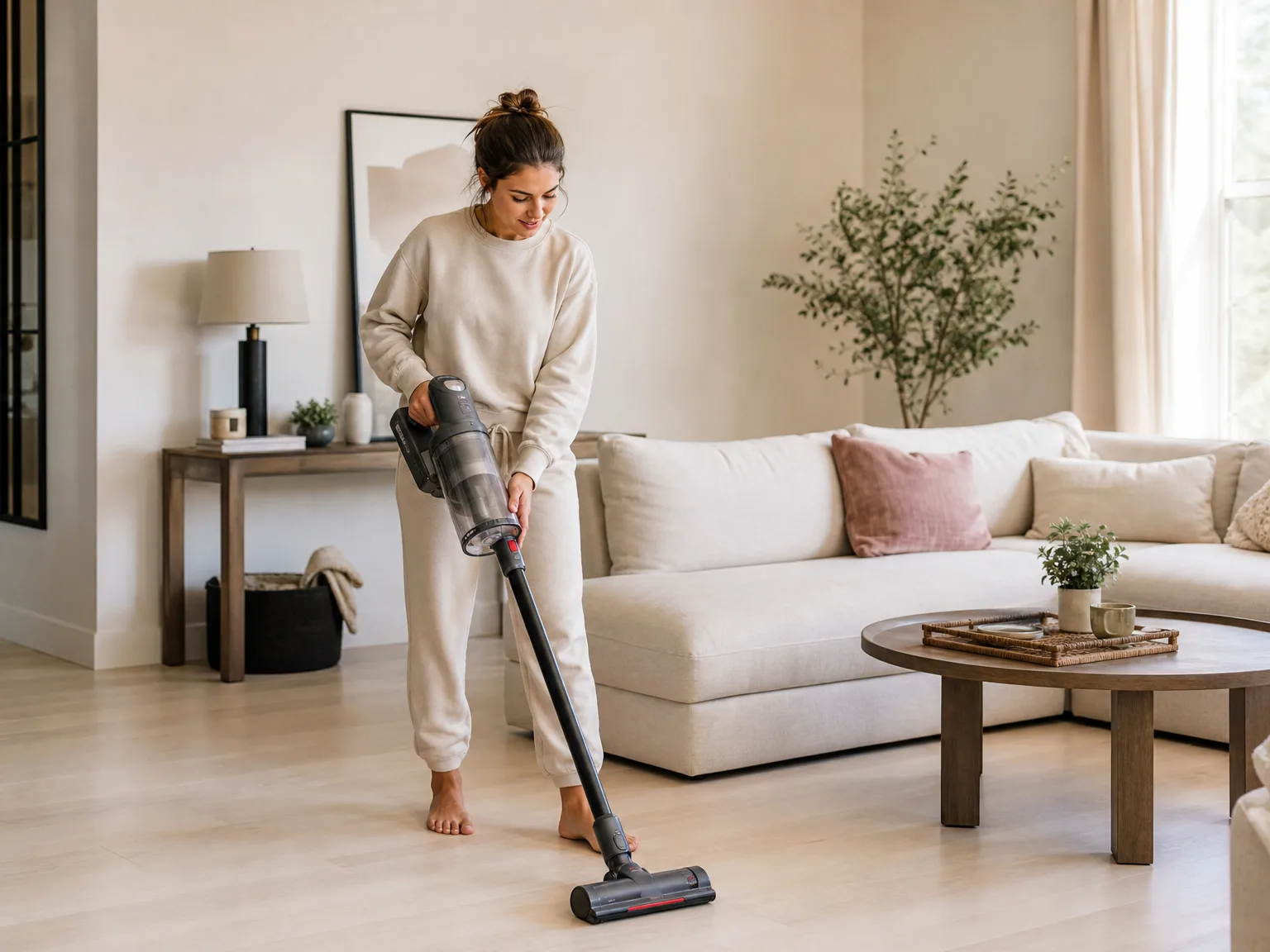 A woman in her early thirties vacuuming a sunlit living room hardwood floor with a cordless stick vacuum, cream sofa and dusty rose pillow in the background