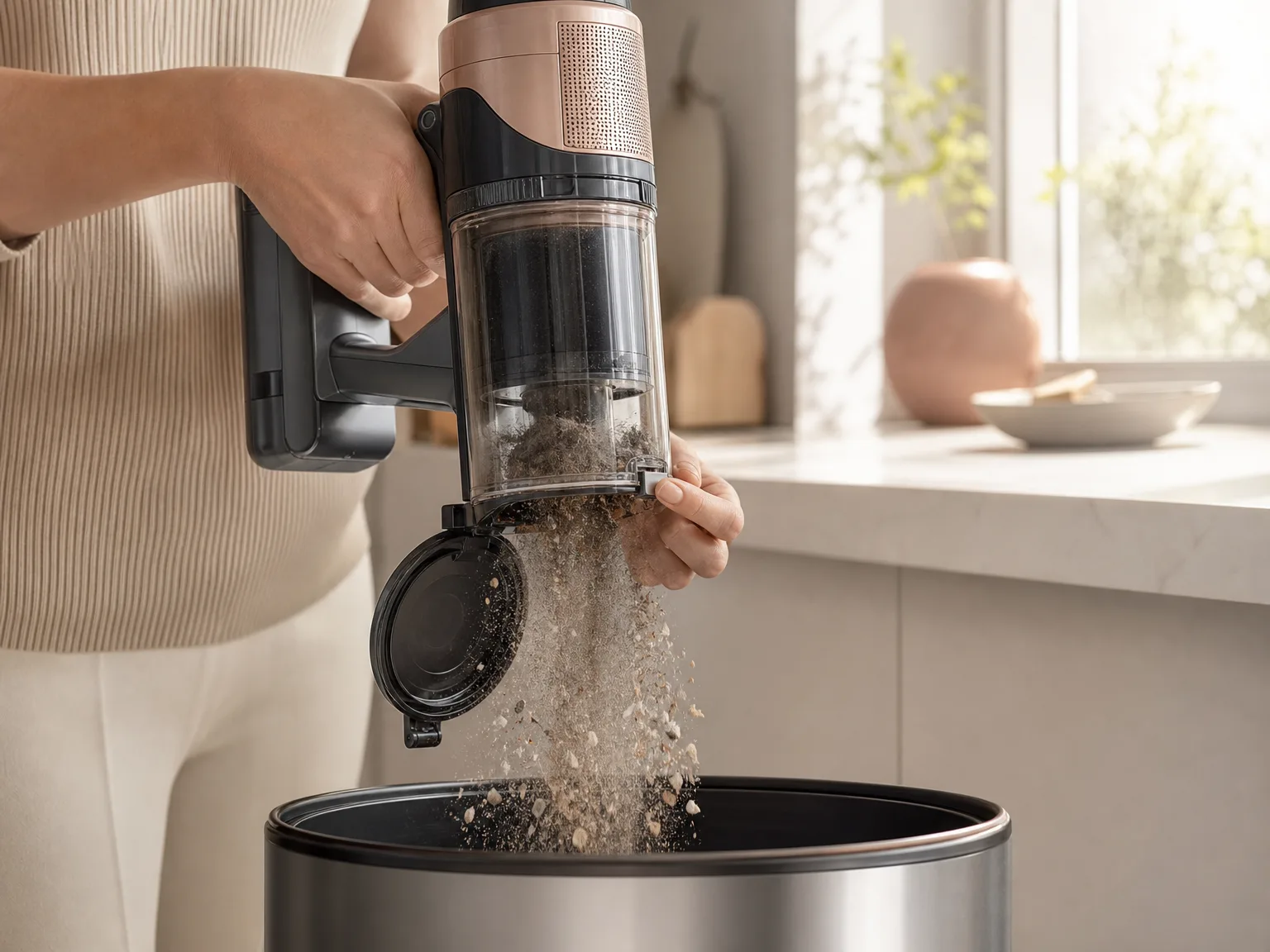Cordless vacuum bin ejecting dust and debris cleanly into a trash can