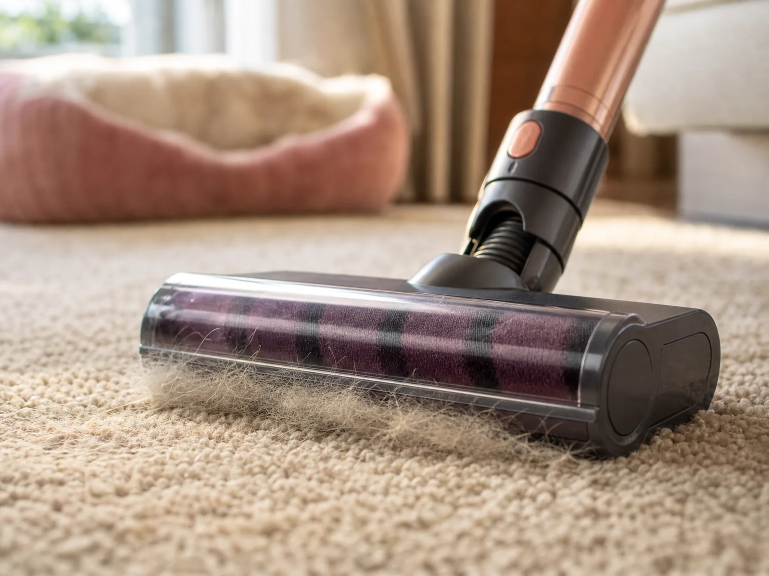 Close-up of a cordless vacuum head lifting embedded pet hair from a mid-pile rug