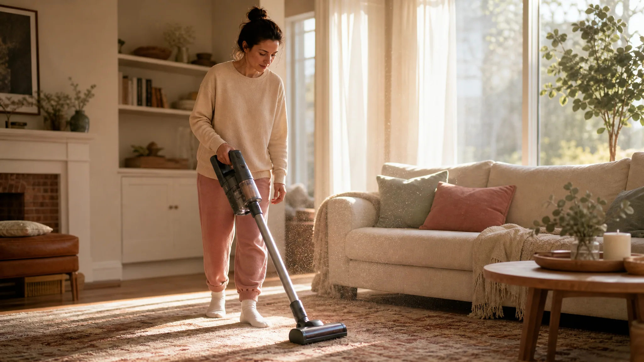 Woman vacuuming a sunlit living room rug with a cordless stick vacuum, warm cream and rose tones