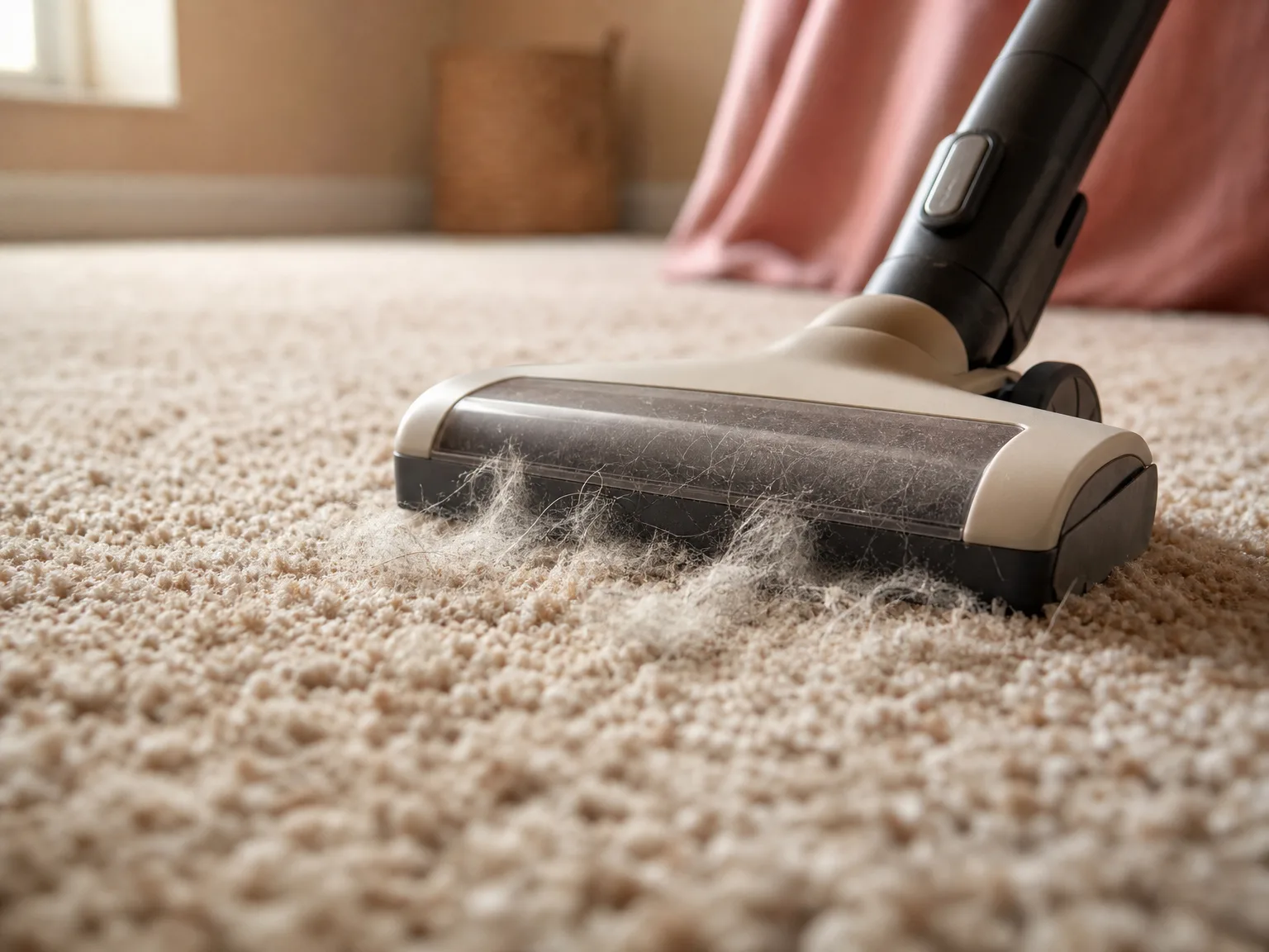 Close-up of a vacuum brush head lifting embedded pet hair and dust from a beige area rug