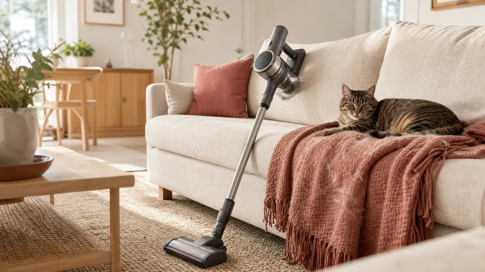 A cordless stick vacuum leaning against a cream sofa in a sunlit living room with a shedding cat nearby