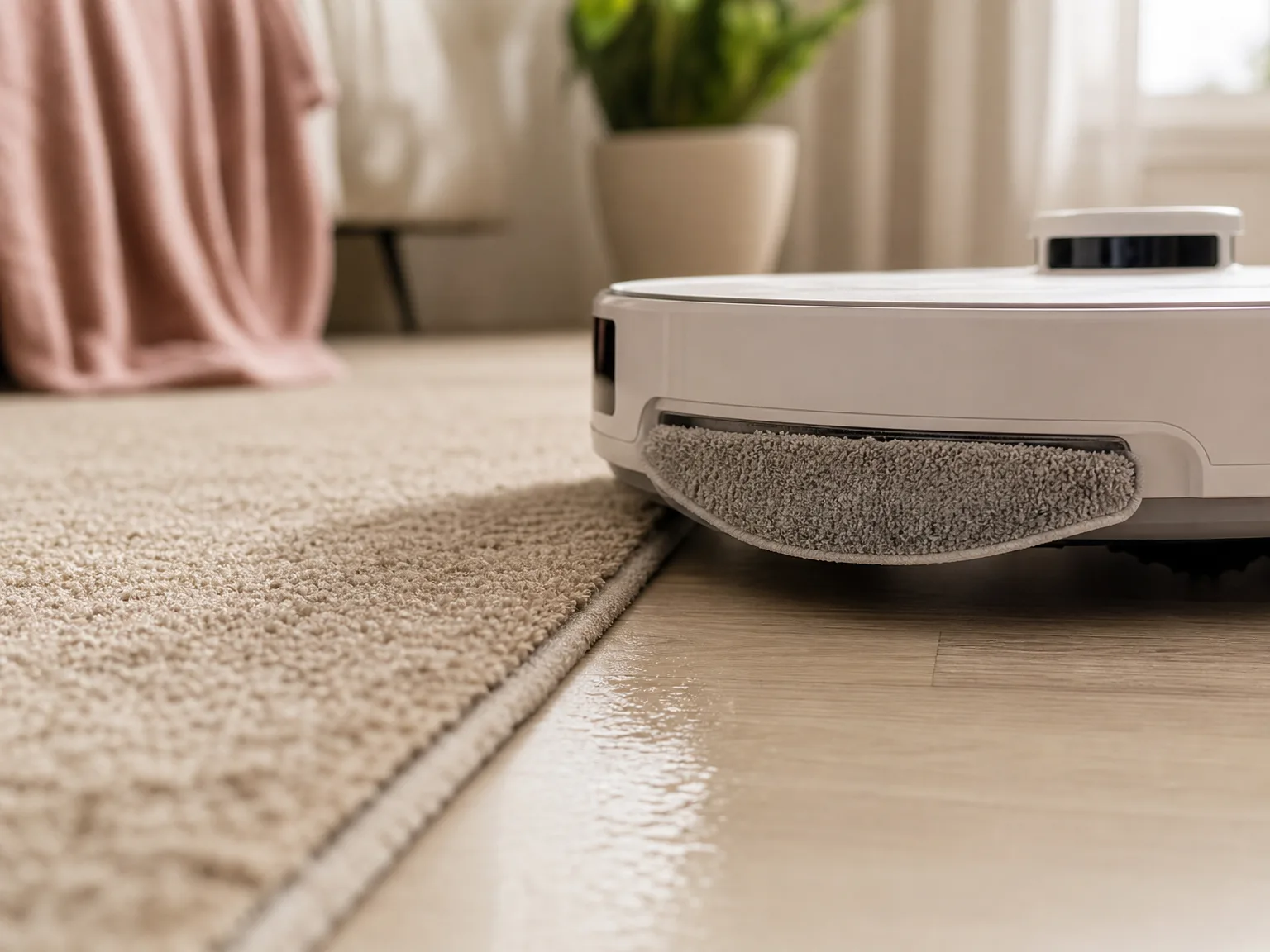 Close-up of a robot mop pad lifting clear of a low-pile rug edge onto cream hardwood in warm window light