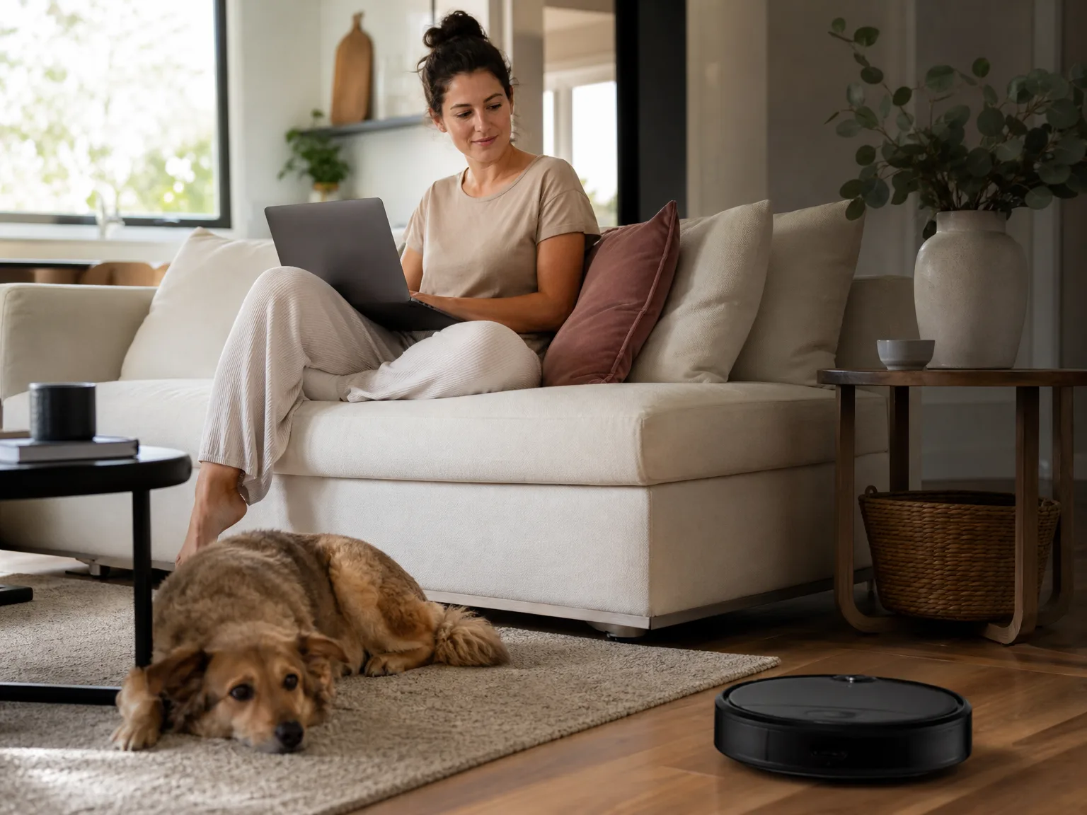 Woman on a cream sofa with a laptop while a robot vacuum cleans hardwood beside a low-pile rug in a sunlit living room
