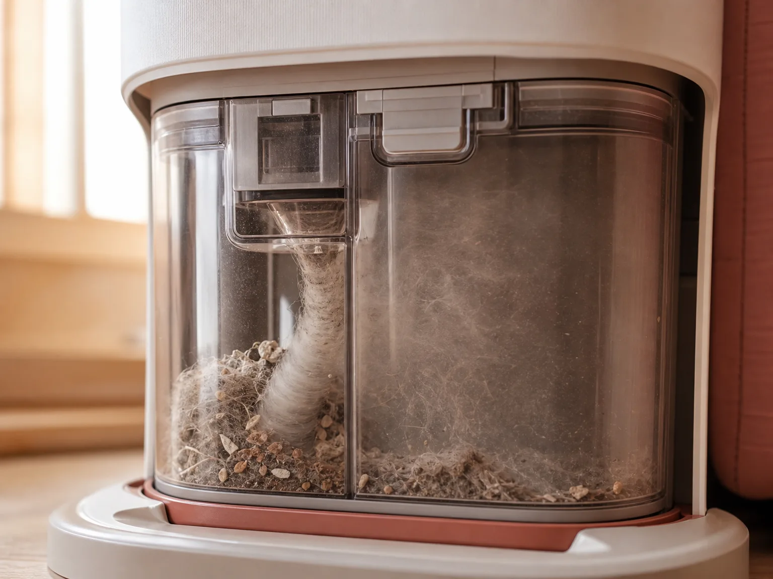 Close-up of the OmniCyclone dock clear debris bin and cyclone separator showing dust separation in action