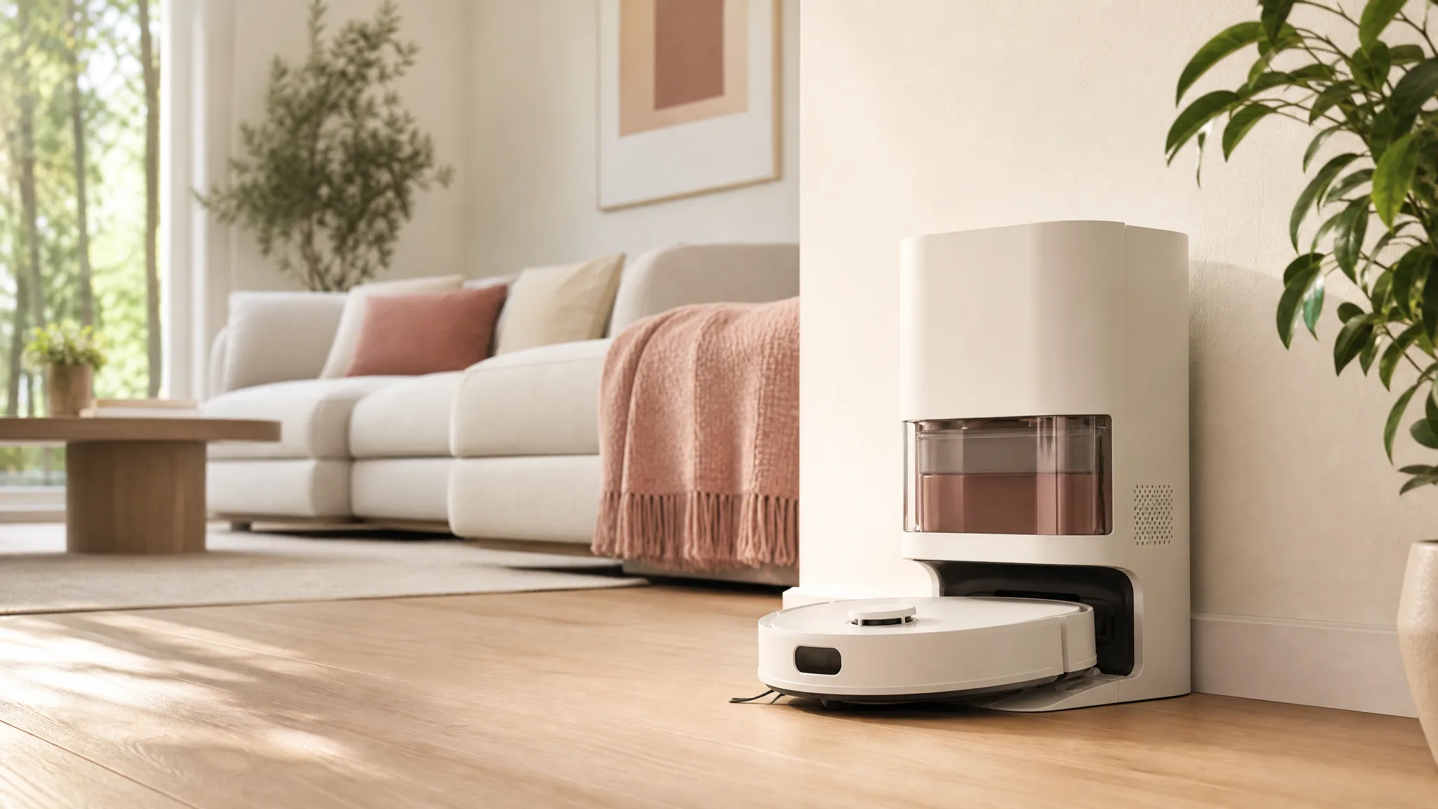 ECOVACS DEEBOT X11 OmniCyclone docked at its bagless station in a bright modern living room with hardwood floors
