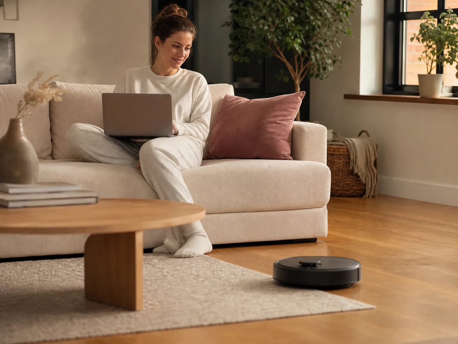 A woman in her early thirties watching the DEEBOT X11 clean a sunlit living room floor while she works on a laptop