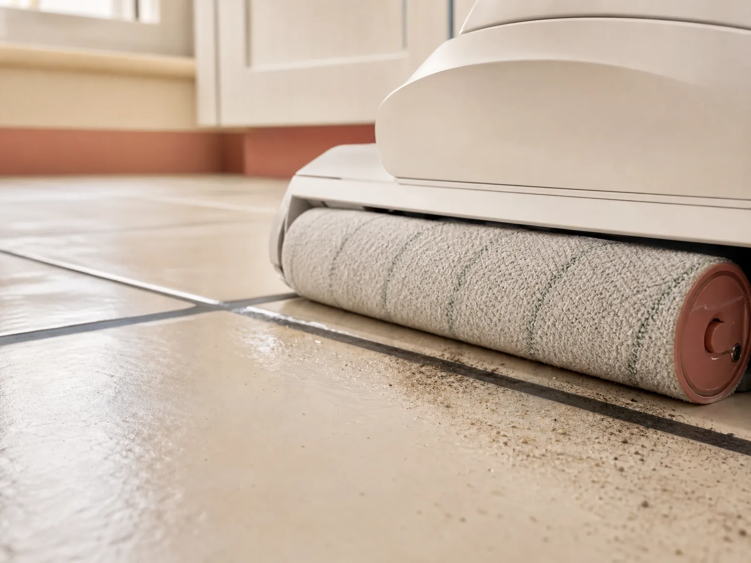 Close-up of a robot vacuum roller mop scrubbing cream kitchen tile and dark grout lines in warm window light