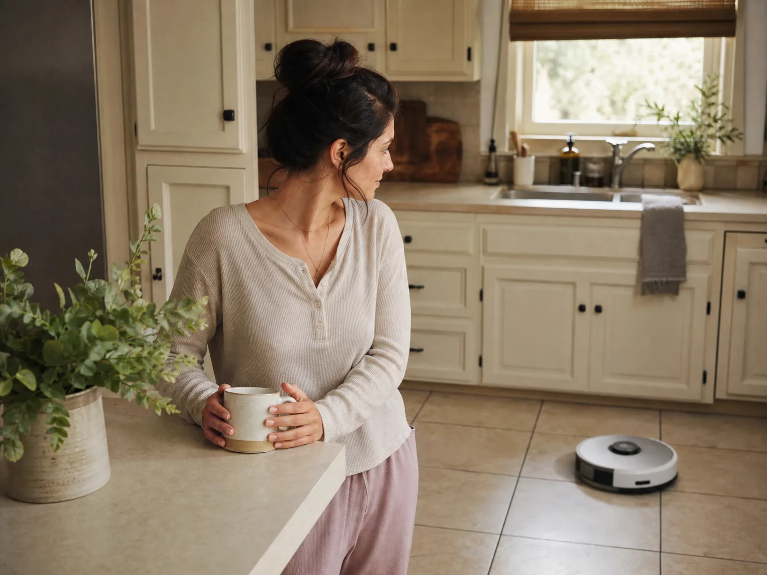 Woman in casual loungewear in a sunlit kitchen while a robot vacuum mops cream tile near a sage plant