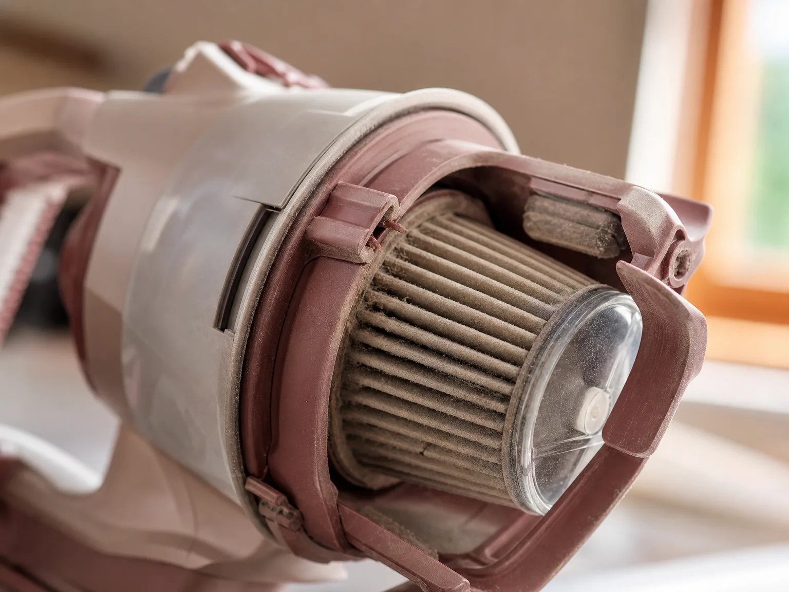 Close-up of the EGO Power+ shop vac self-cleaning filter mechanism showing the dust knock-off function