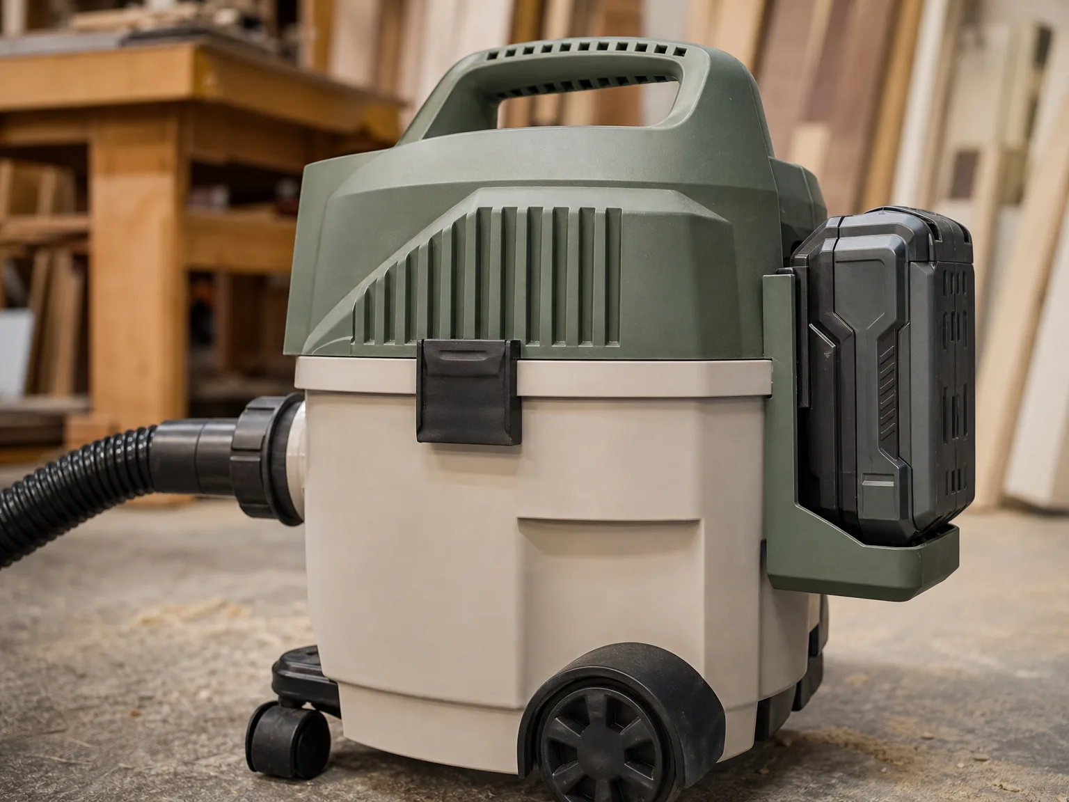 Side view of the EGO Power+ shop vac showing the large 56V battery mounted on the back of the drum