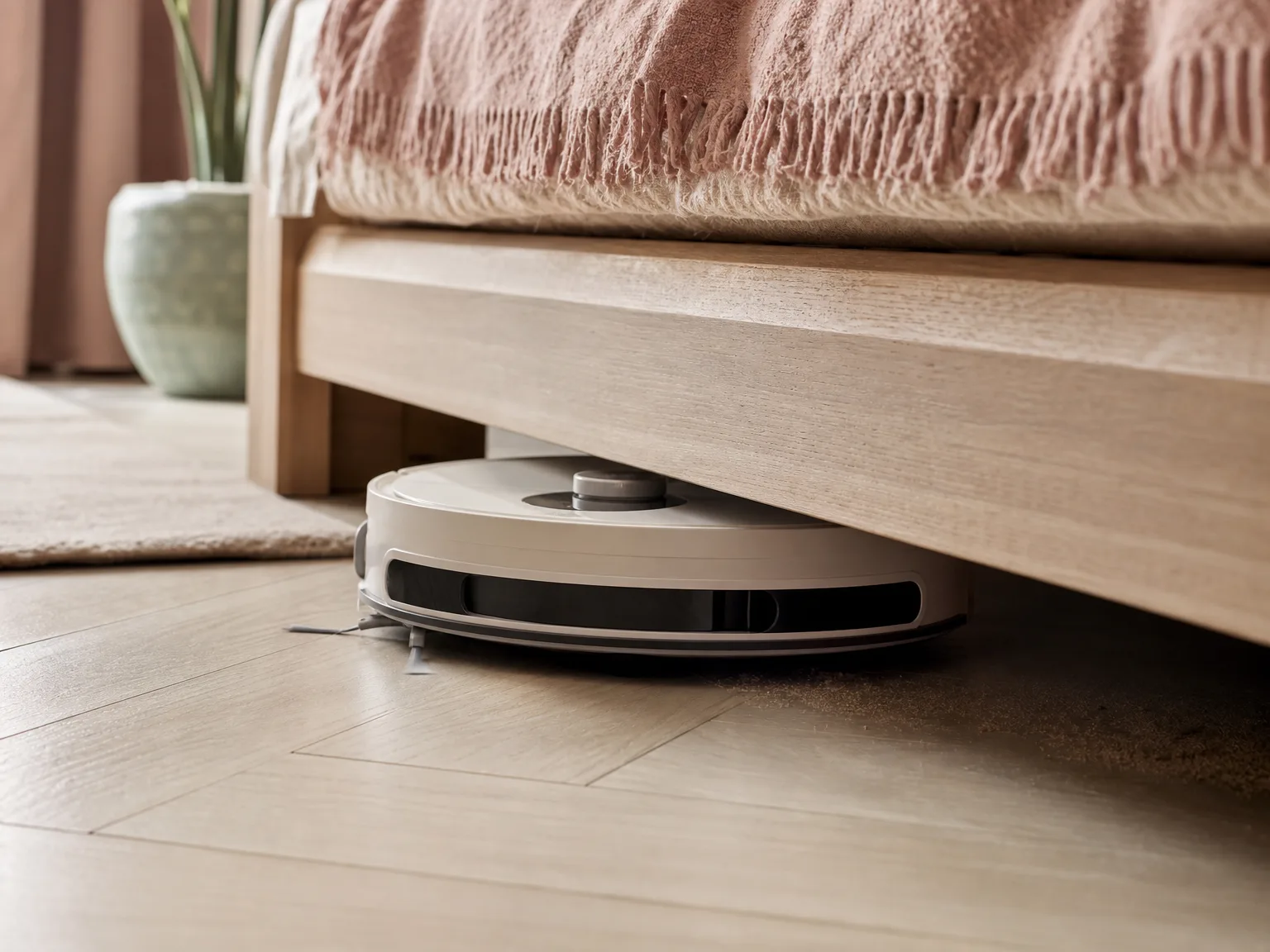 Close-up of a slim robot vacuum sliding under a low bed frame on cream hardwood