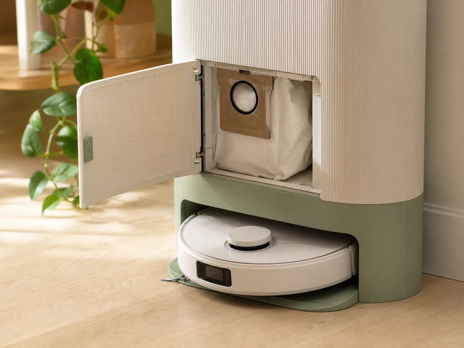 Close-up of a bagged robot vacuum self-empty dock on cream hardwood with the dust bag door open